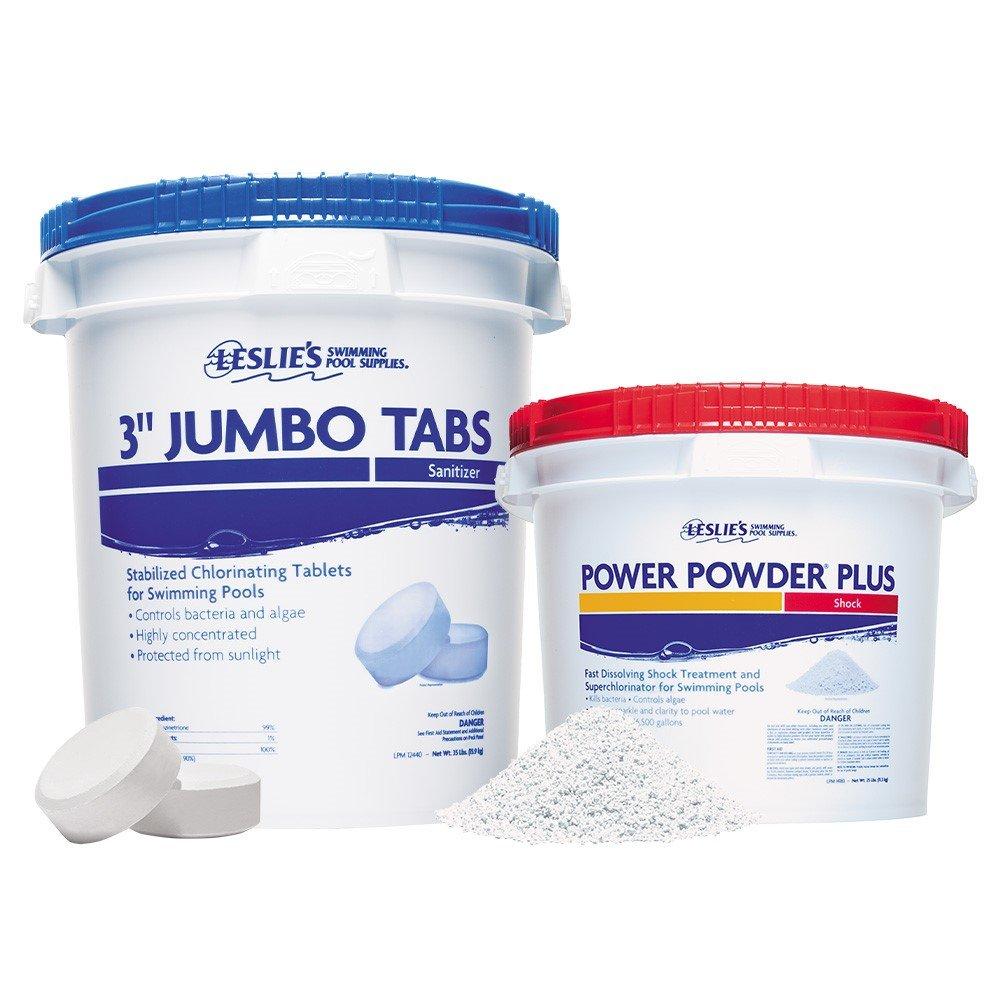 Leslie's 3 in. Jumbo Chlorine Tabs 35 lbs Bucket and Power Powder Plus