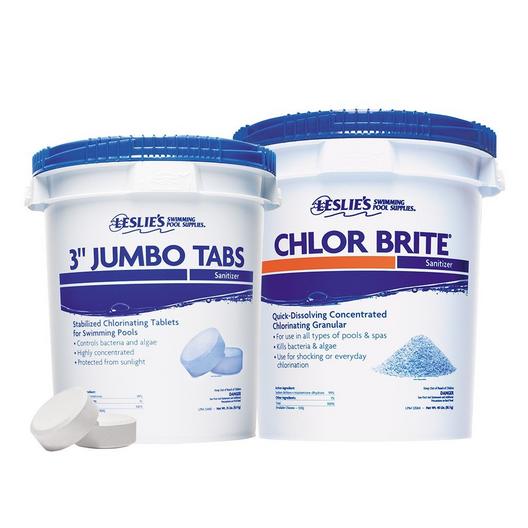 Leslie's  3 in Jumbo Chlorine Tabs 35 lbs Bucket and Chlor Brite Granular Chlorine Pool Shock 40 lbs Bucket Bundle