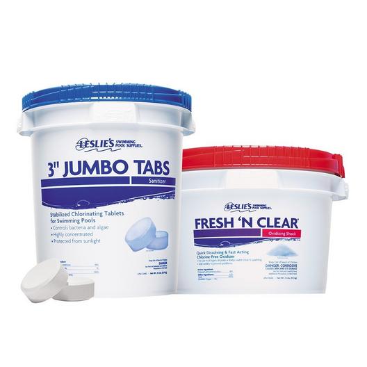 Leslie's  3 in Jumbo Chlorine Tabs 35 lbs Bucket and Fresh 'N Clear Non-Chlorine Pool Shock 25 lbs Bucket Bundle