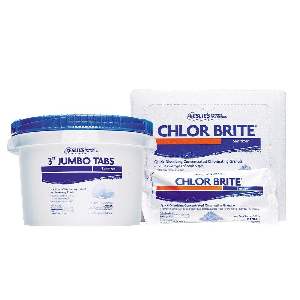 Leslie's  3 in Jumbo Chlorine Tabs 20 lbs Bucket and Chlor Brite Granular Chlorine Pool Shock 12 x 1 lb Bags Bundle