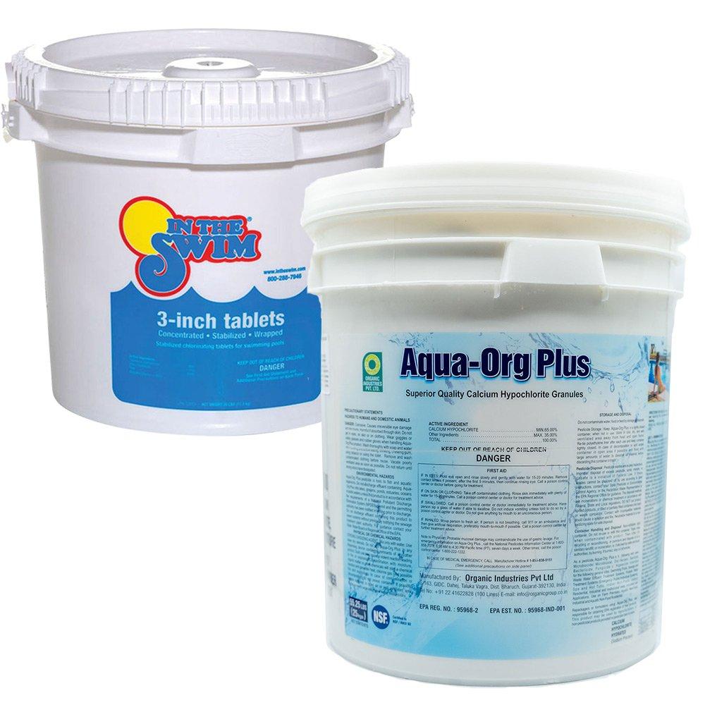 Super Value Bundle  In The Swim 3 Inch Chlorine Tablets 25 lbs and Aqua-Org Plus Calcium Hypochlorite Pool Shock 55 lbs.