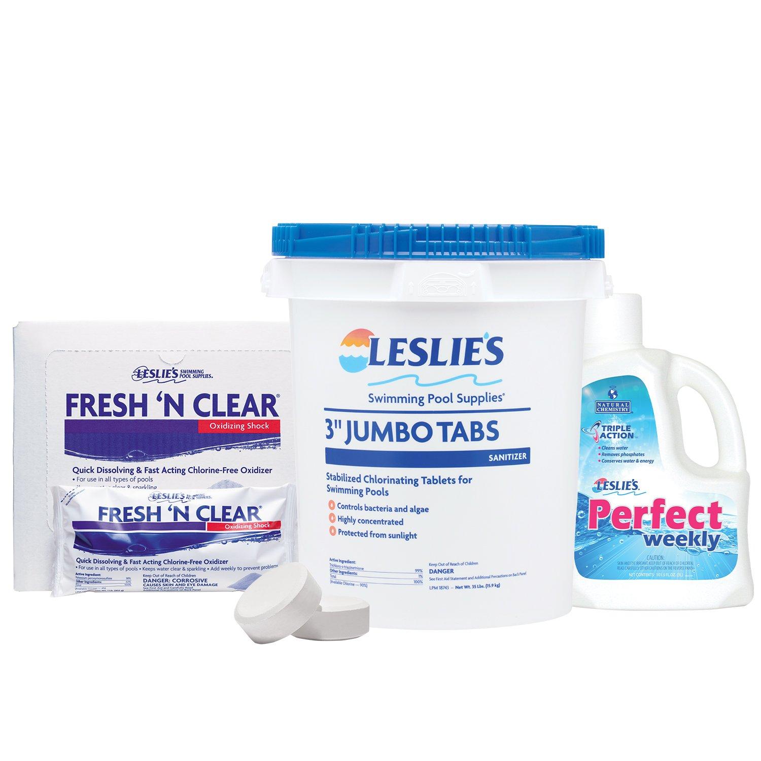 Leslie's  3 in Jumbo Chlorine Tabs 35 lbs Bucket and Fresh N Clear Pool Shock 12 x 1 lb Bags with Perfect Weekly 3L Bundle