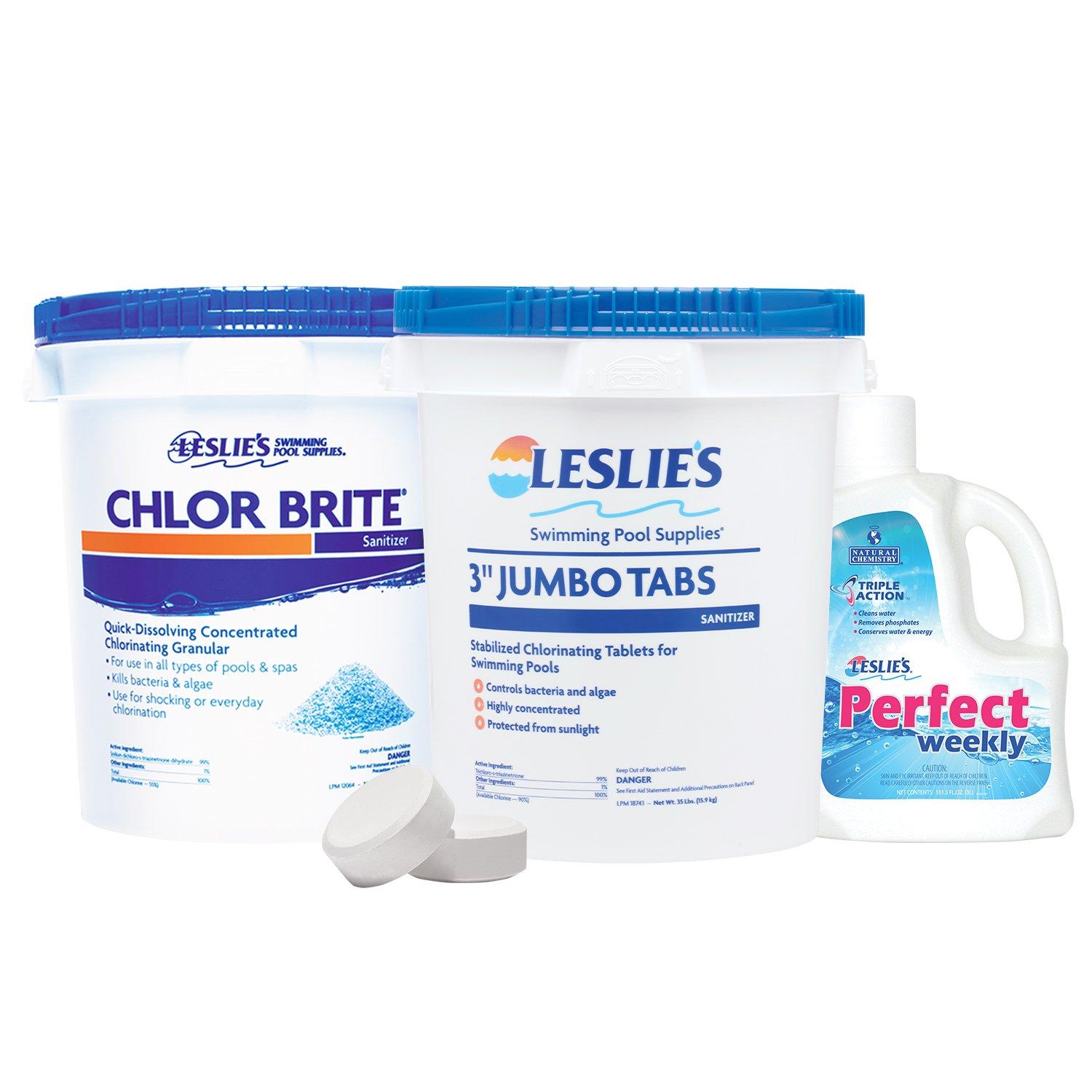 Leslie's  3 in Jumbo Chlorine Tabs 35 lbs Bucket and Chlor Brite Granular Chlorine Pool Shock 40 lbs Bucket with Perfect Weekly 3L Bundle