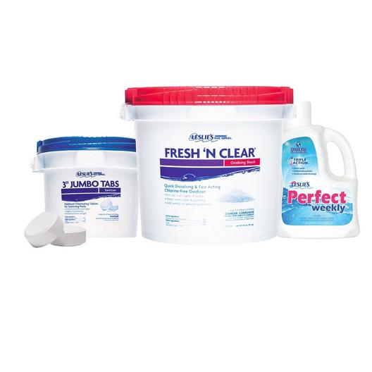 Leslie's  3 in Jumbo Chlorine Tabs 10 lbs Bucket and Fresh 'N Clear Non-Chlorine Pool Shock 40 lbs Bucket with Perfect Weekly 3L Bundle