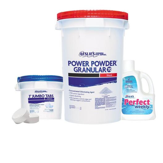 Leslie's  3 in Jumbo Chlorine Tabs 10 lbs Bucket and Power Powder Granular 70 Pool Shock 50 lbs Bucket with Perfect Weekly 3L Bundle
