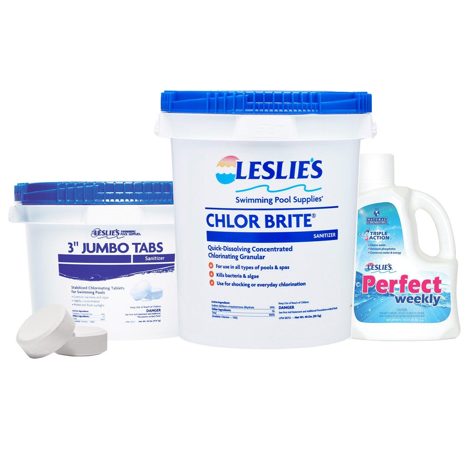 3 in Jumbo Chlorine Tabs 20 lbs Bucket and Chlor Brite Granular Chlorine Pool Shock 40 lbs Bucket with Perfect Weekly 3L Bundle
