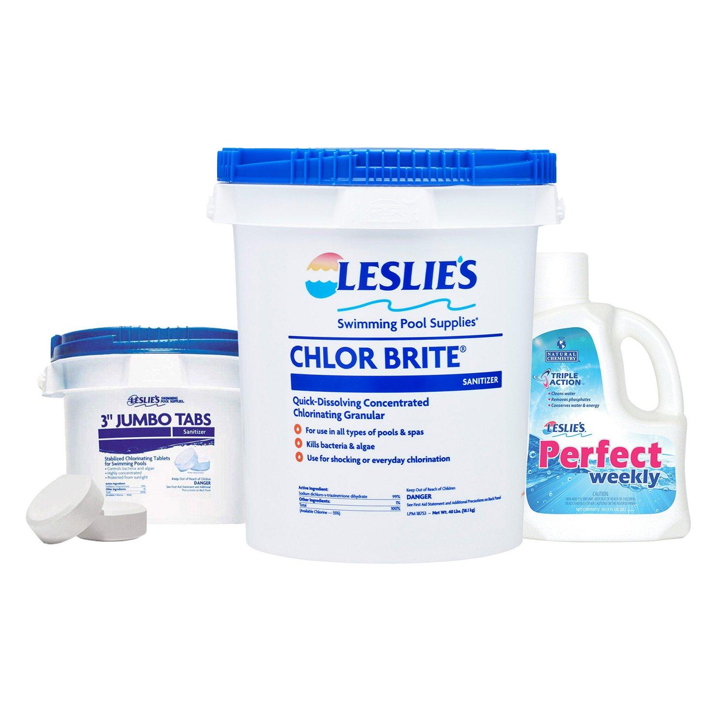 Leslie's  3 in Jumbo Chlorine Tabs 10 lbs Bucket and Chlor Brite Granular Chlorine Pool Shock 40 lbs Bucket with Perfect Weekly 3L Bundle