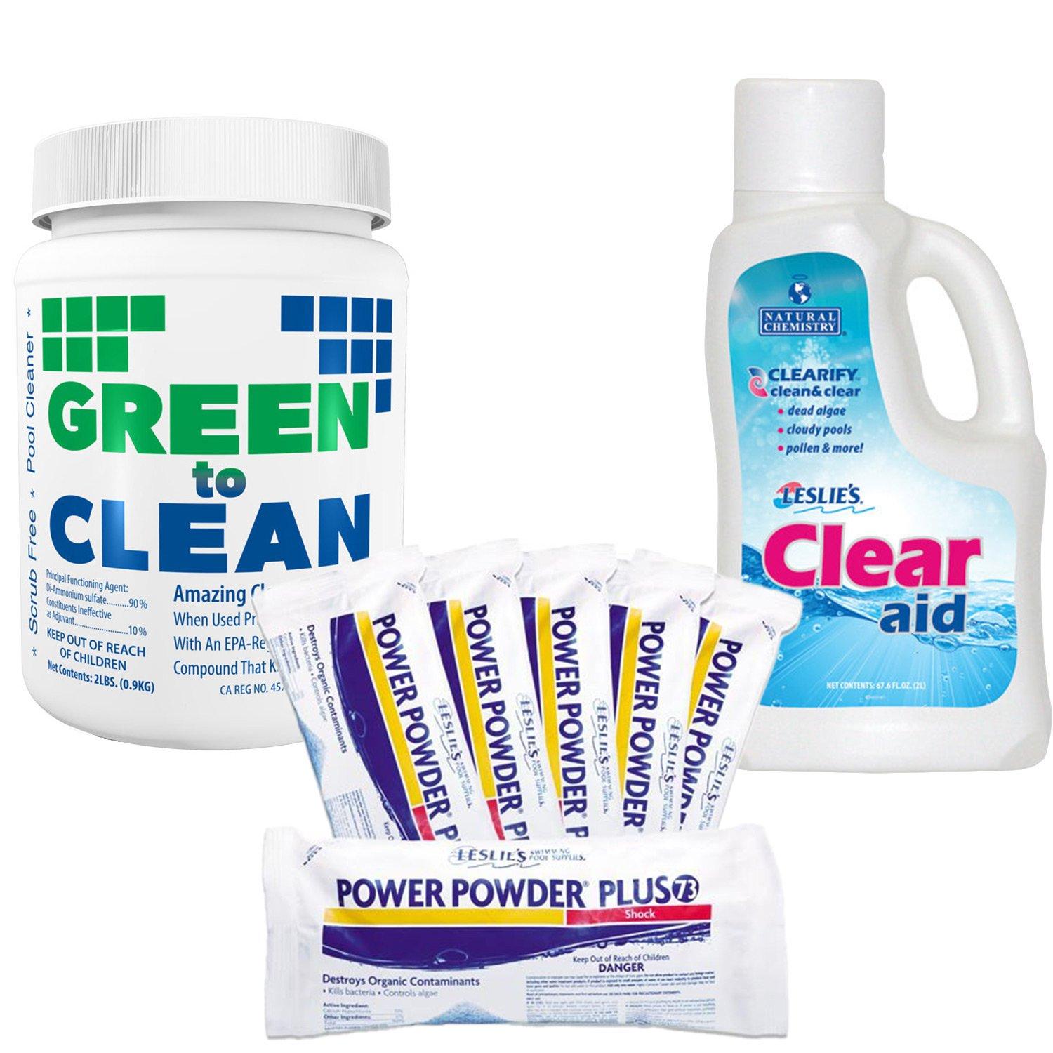 Green to Clean 2 lb with Power Powder Plus Pool Shock 6 x 1 lb Bags and Clear Aid 2L Bundle