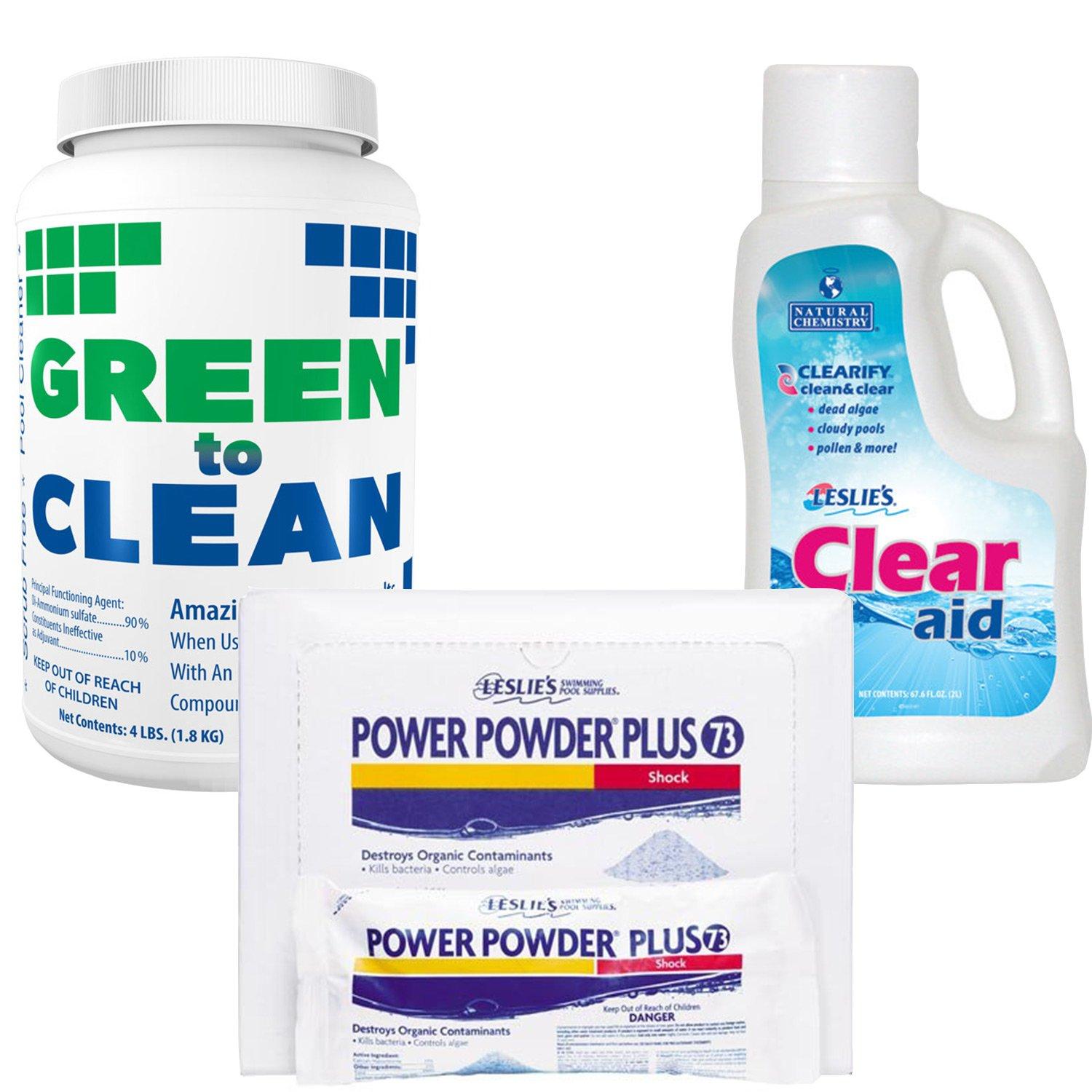 Green to Clean 4 lb with Power Powder Plus Pool Shock 12 x 1 lb Bags and Clear Aid 2L Bundle