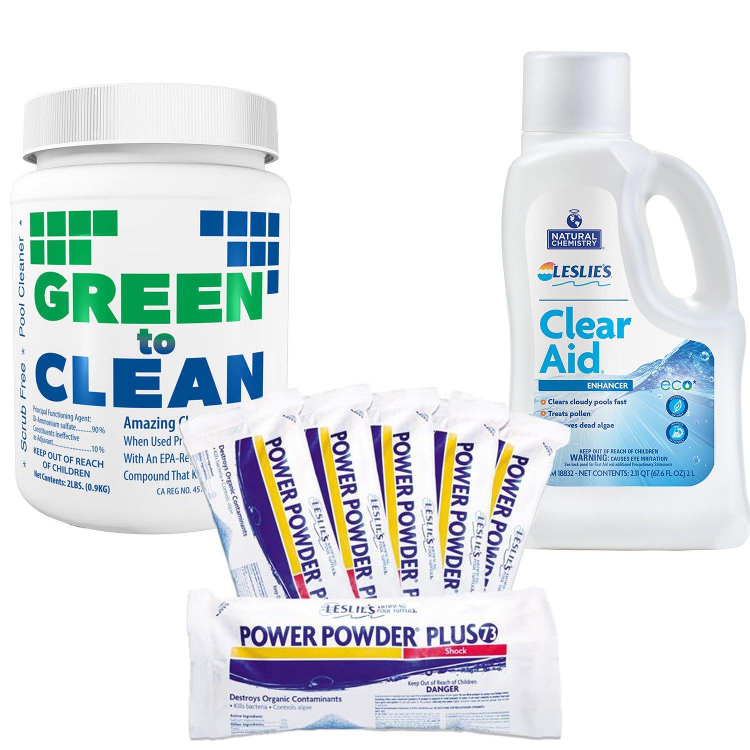 Green to Clean 2 lb with Power Powder Plus Pool Shock 6 x 1 lb Bags and Clear Aid 2L Bundle
