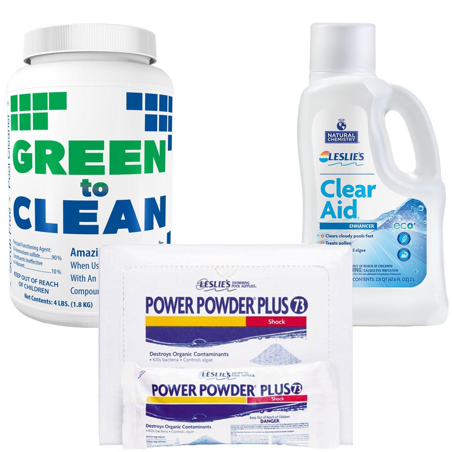 Green to Clean 4 lb with Power Powder Plus Pool Shock 12 x 1 lb Bags and Clear Aid 2L Bundle