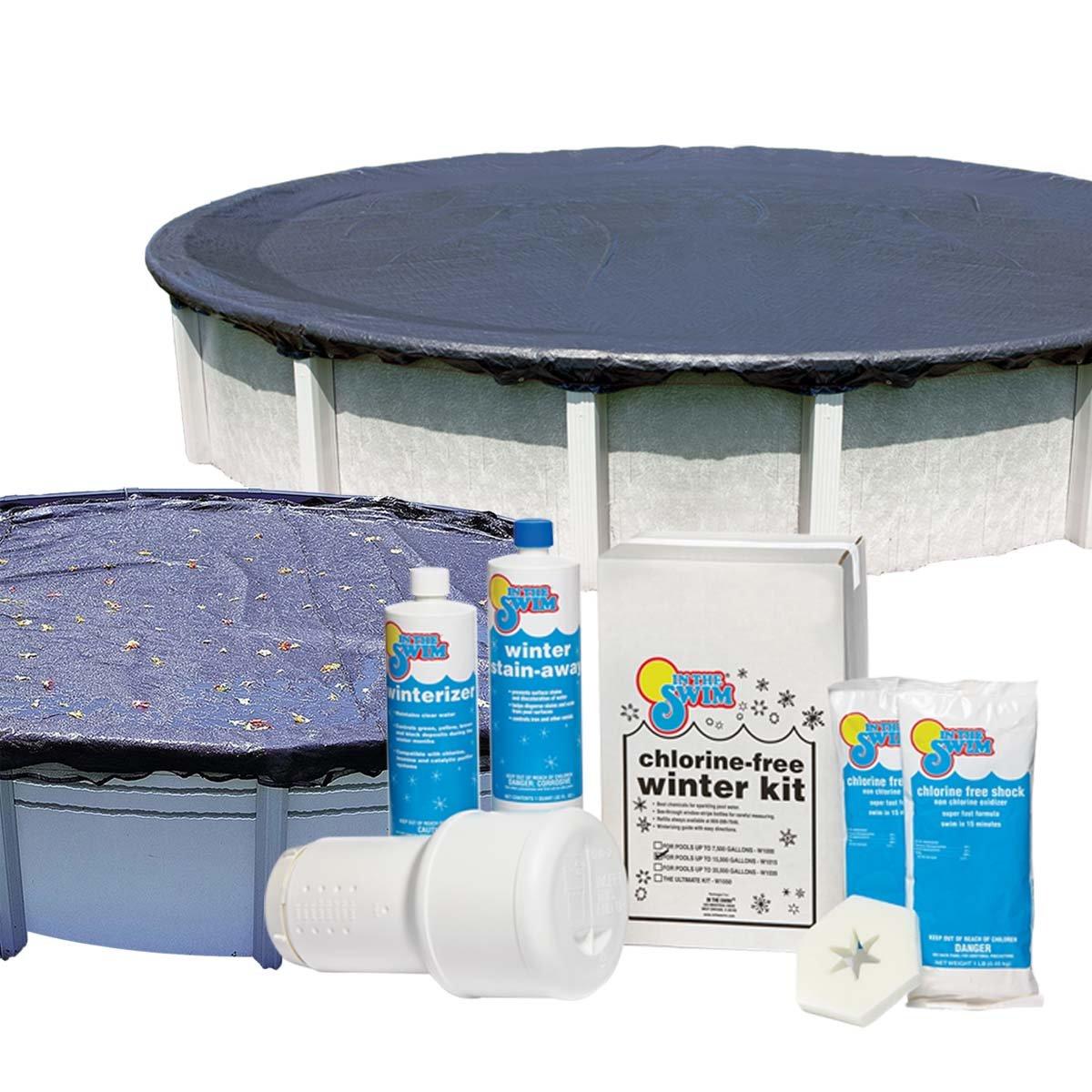 24' Round Economy Above Ground Winter Pool Cover 8-Year with Leaf Net and Chemical Closing Kit Bundle