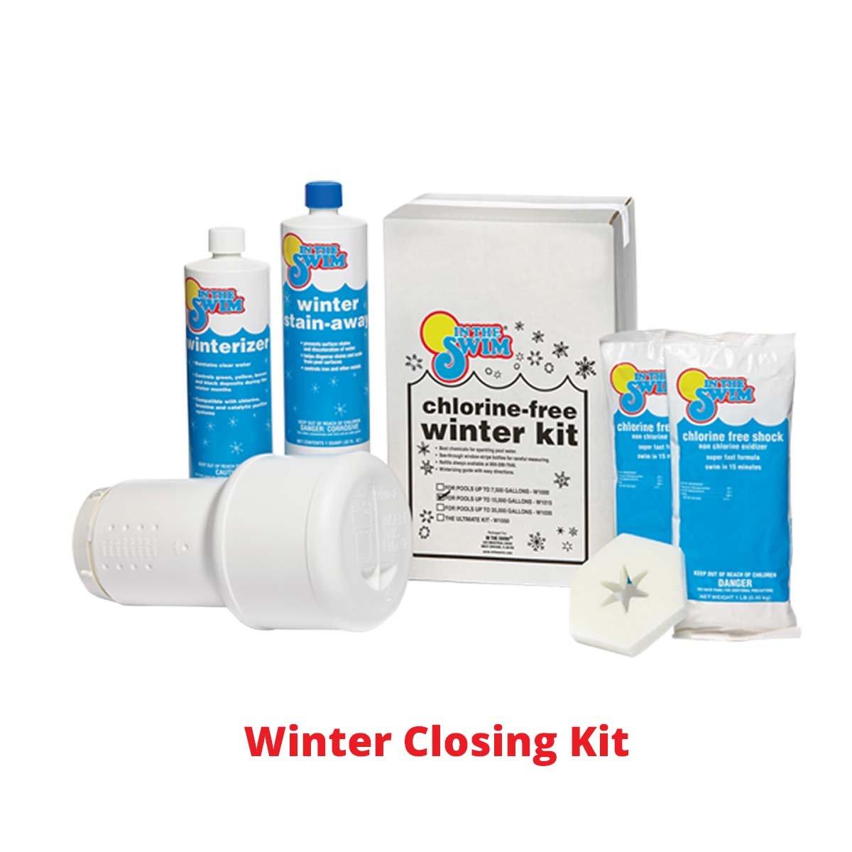 24' Round Economy Above Ground Winter Pool Cover 8-Year with Leaf Net and Chemical Closing Kit Bundle