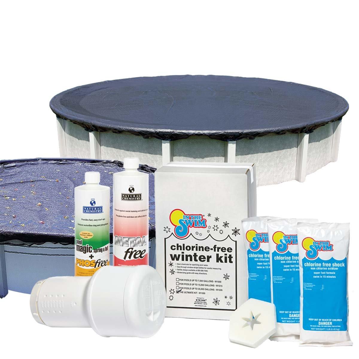 28' Round Economy Above Ground Winter Pool Cover 8-Year with Leaf Net and Chemical Closing Kit Bundle