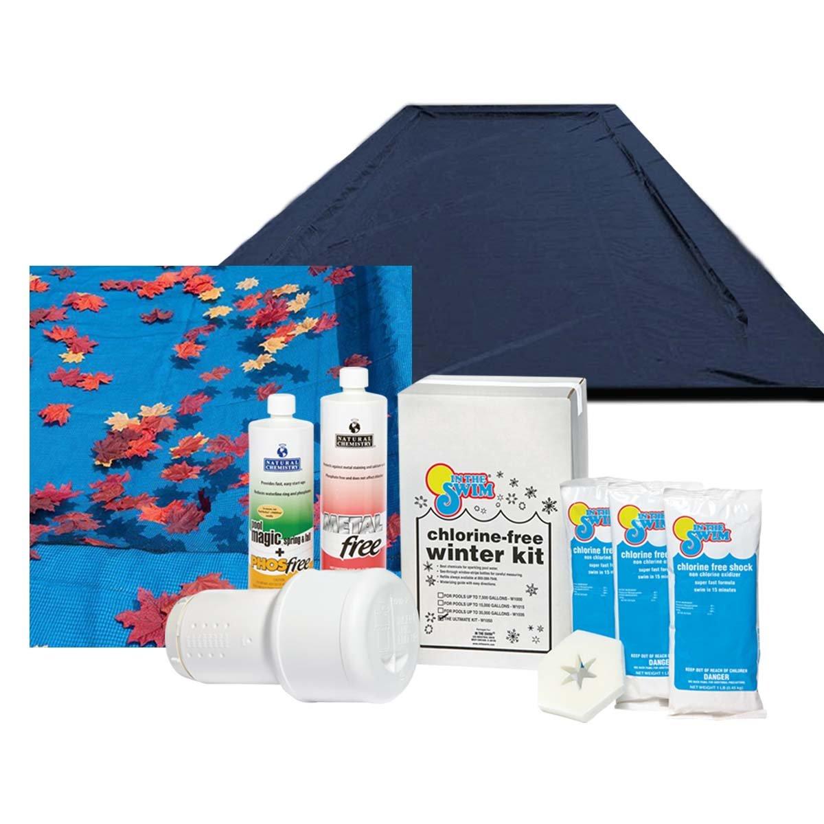 20 x 40 Rectangle Economy In Ground Winter Pool Cover 8-Year with Leaf Net and Chemical Closing Kit Bundle