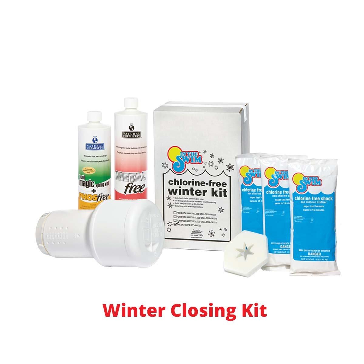 20' x 40' Rectangle Economy In Ground Winter Pool Cover 8-Year with Leaf Net and Chemical Closing Kit Bundle