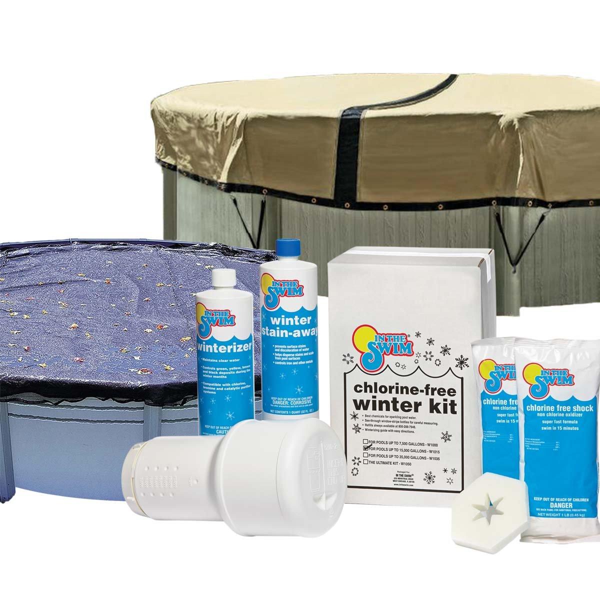 24' Round Ultimate Above Ground Winter Pool Cover 12-Year with Leaf Net and Chemical Closing Kit Bundle