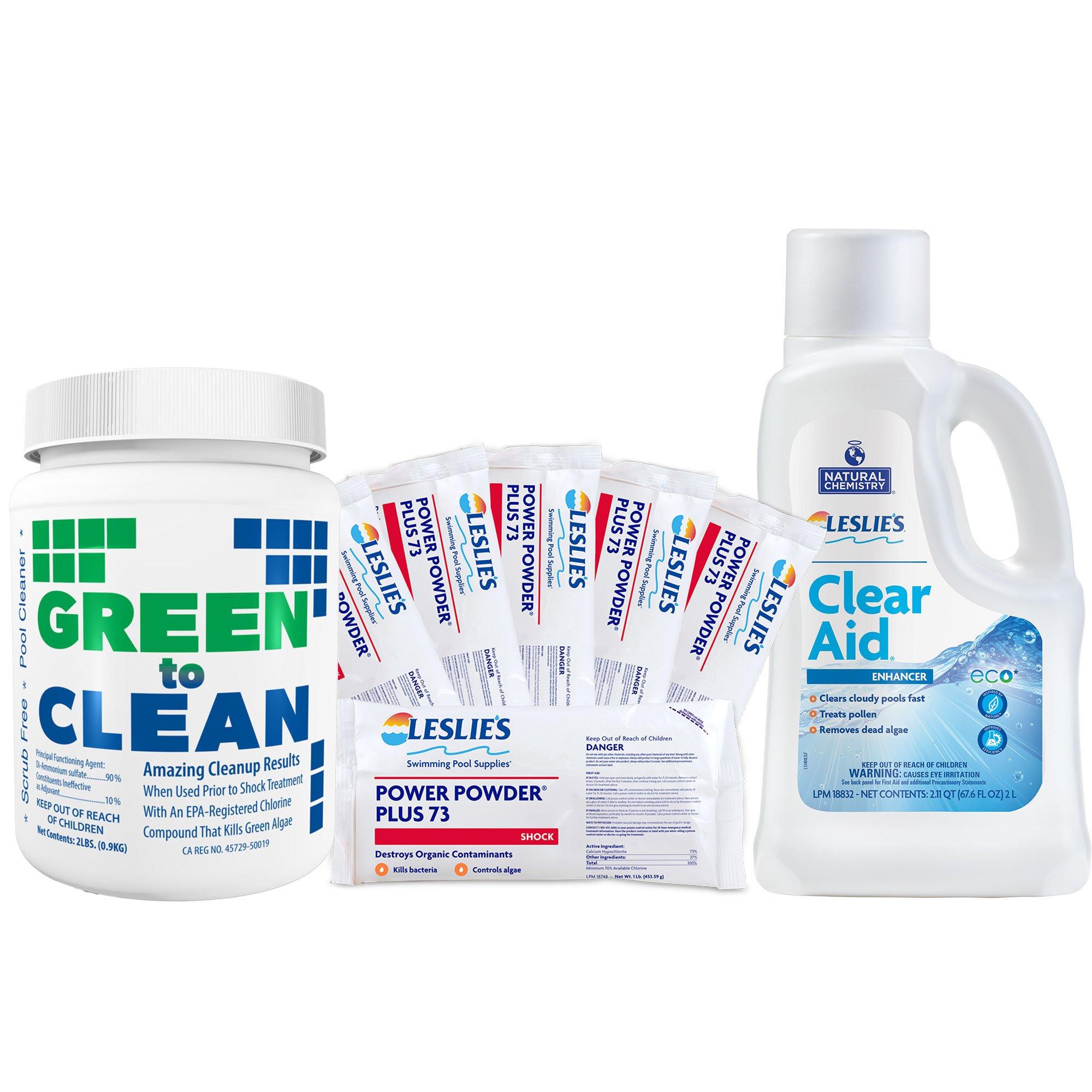 Green to Clean 2 lb with Power Powder Plus Pool Shock 6 x 1 lb. Bags and Clear Aid 2L Bundle