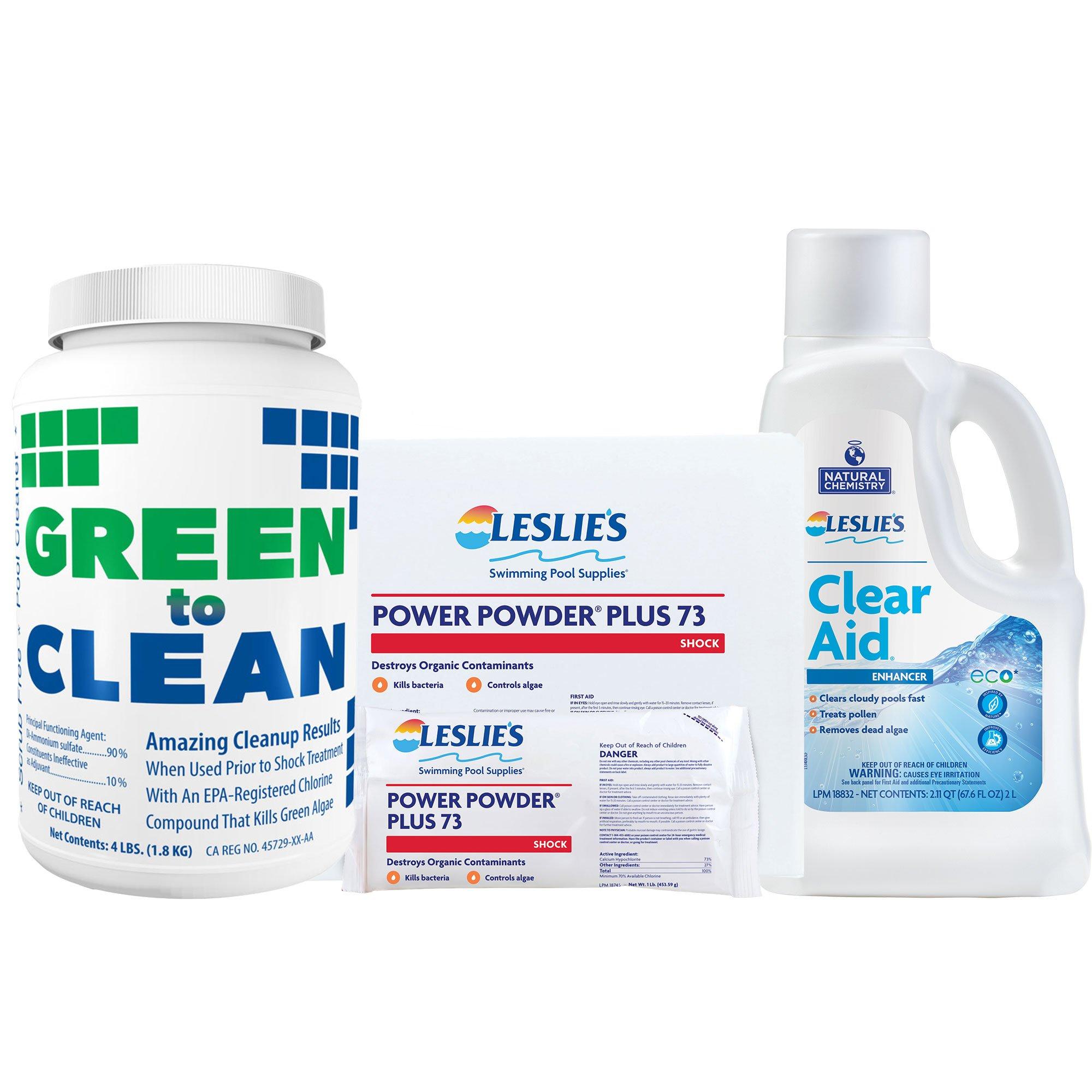 Green to Clean 4 lb with Power Powder Plus Pool Shock 12 x 1 lb Bags and Clear Aid 2L Bundle