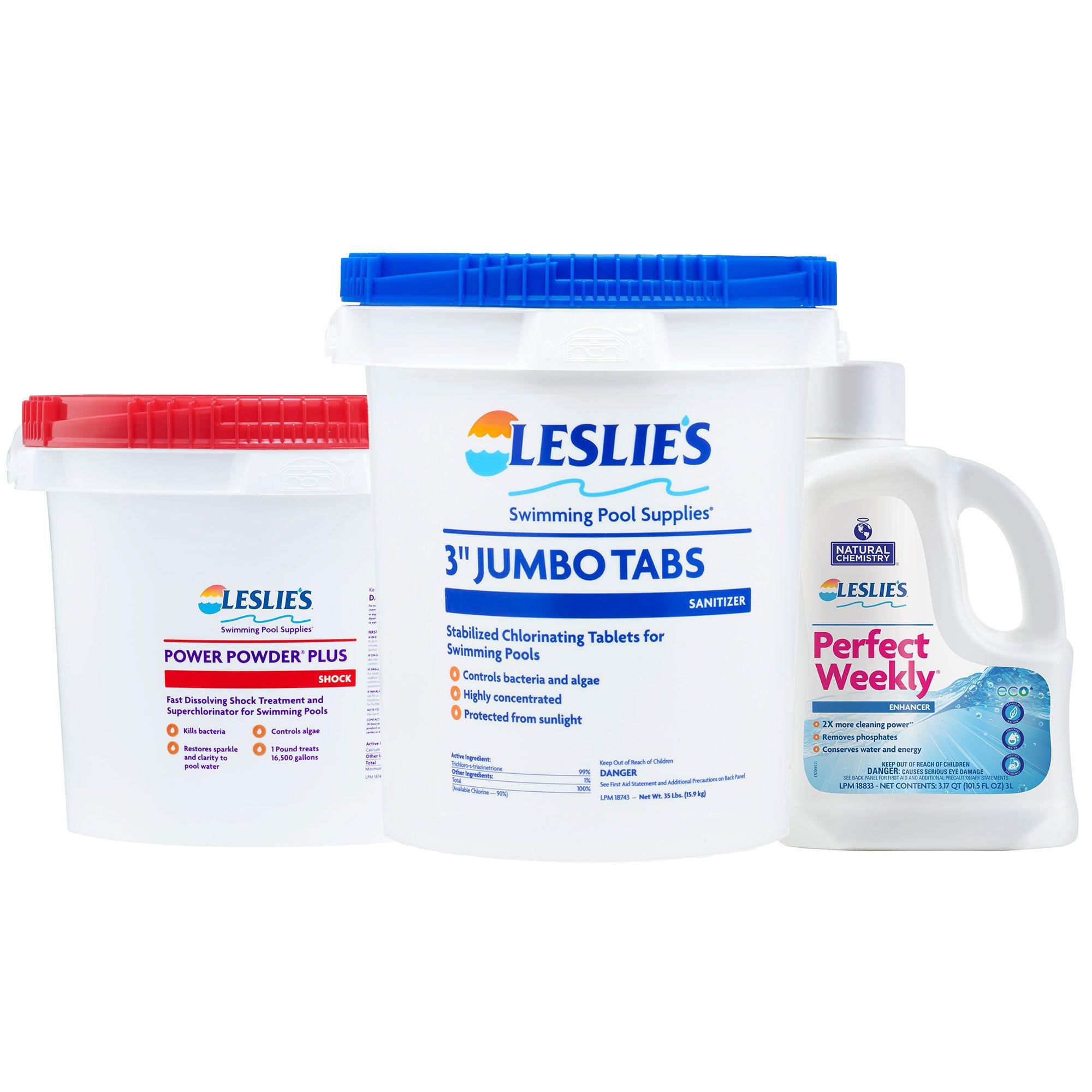 Leslie's  3 Chlorine Tabs 35 lb  Power Powder Plus Shock 25 lb with Perfect Weekly 3L Bundle