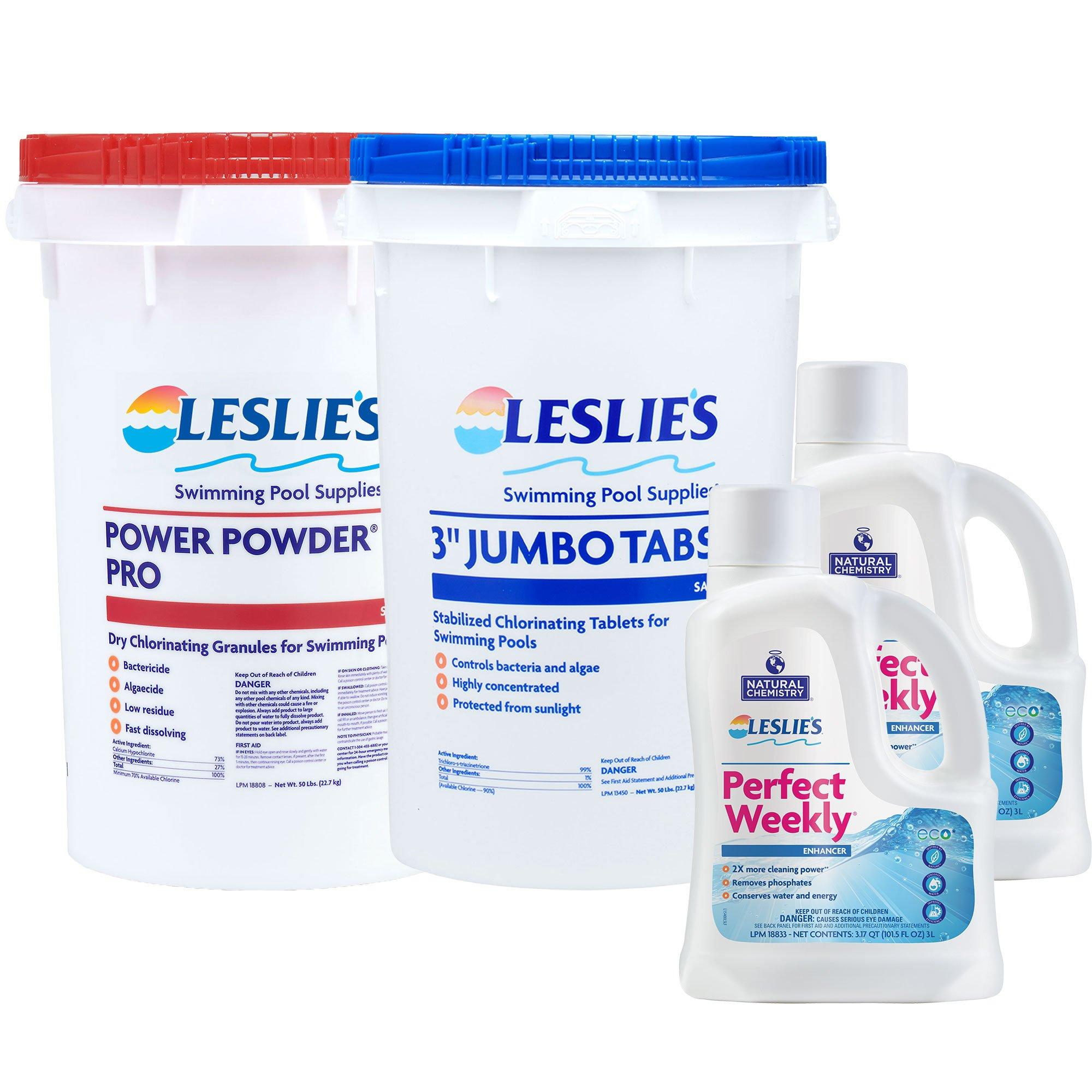 Leslie's  3 Chlorine Tabs 50 lb  Power Powder Pro Shock 50 lb with Perfect Weekly 2 x 3L Bundle