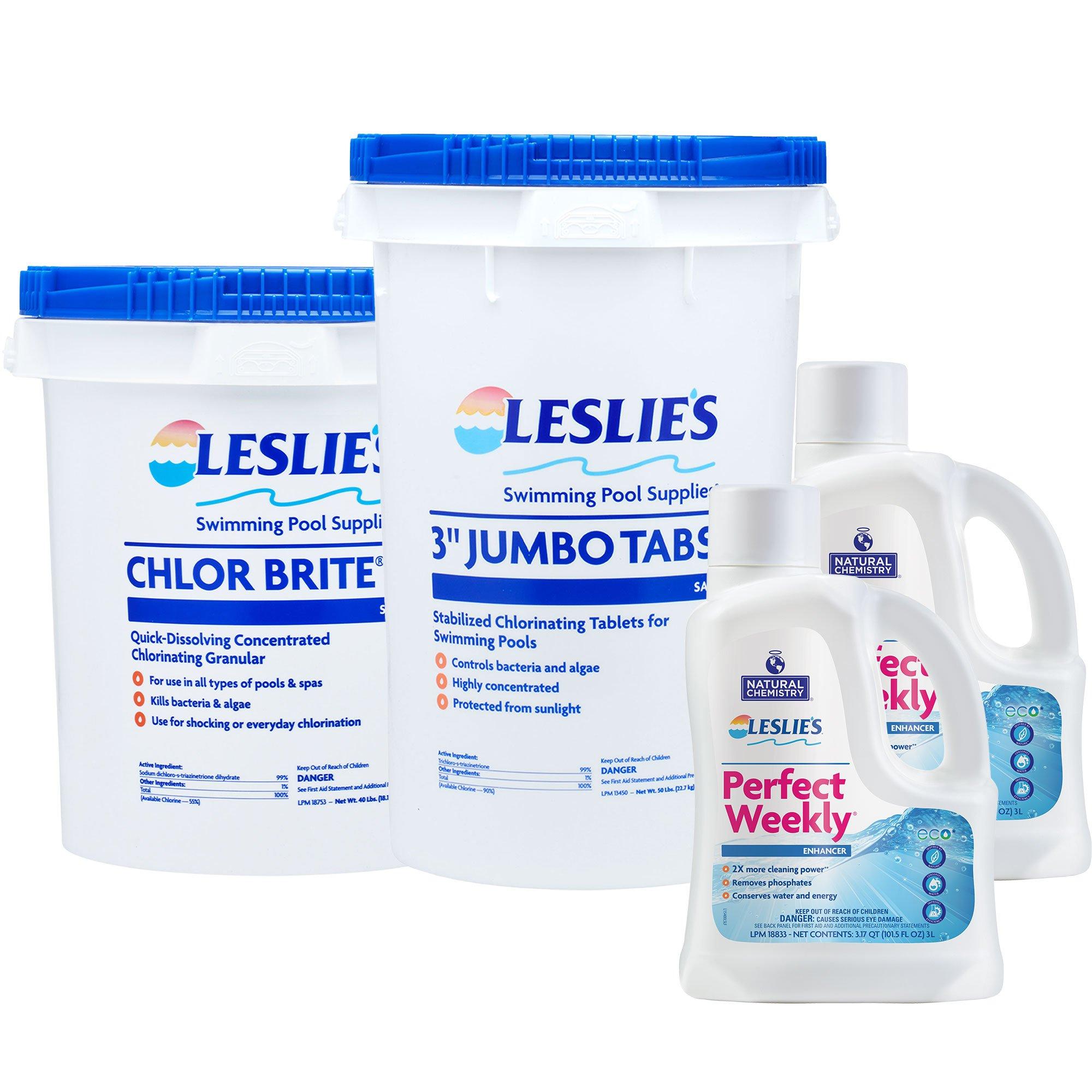 Leslie's  3 Chlorine Tabs 50 lb  Chlor Brite Shock 40 lb with Perfect Weekly 2 x 3L Bundle