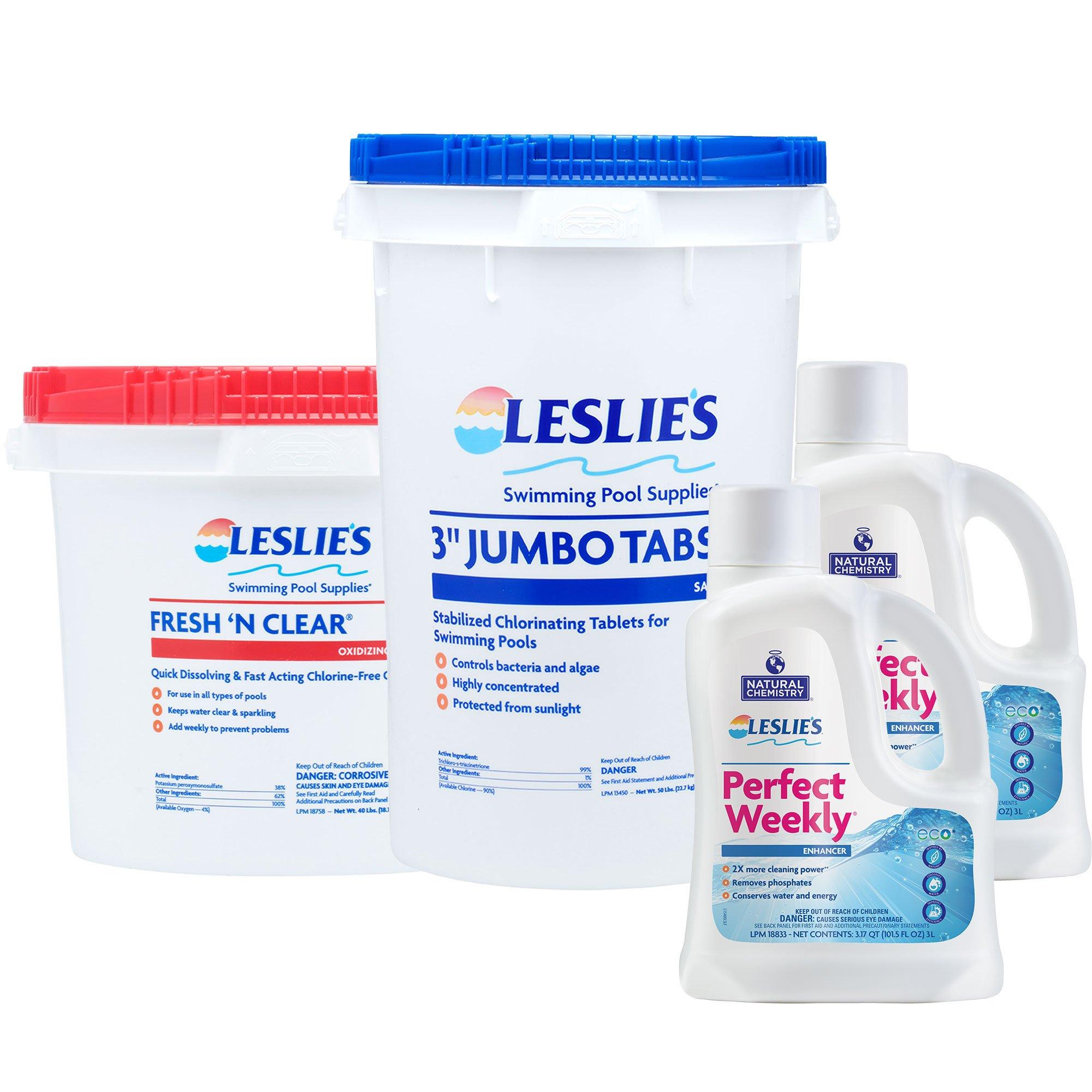 3" Chlorine Tabs 50 lb & Fresh 'N Clear Shock 40lb with Perfect Weekly 2 x 3L Bundle