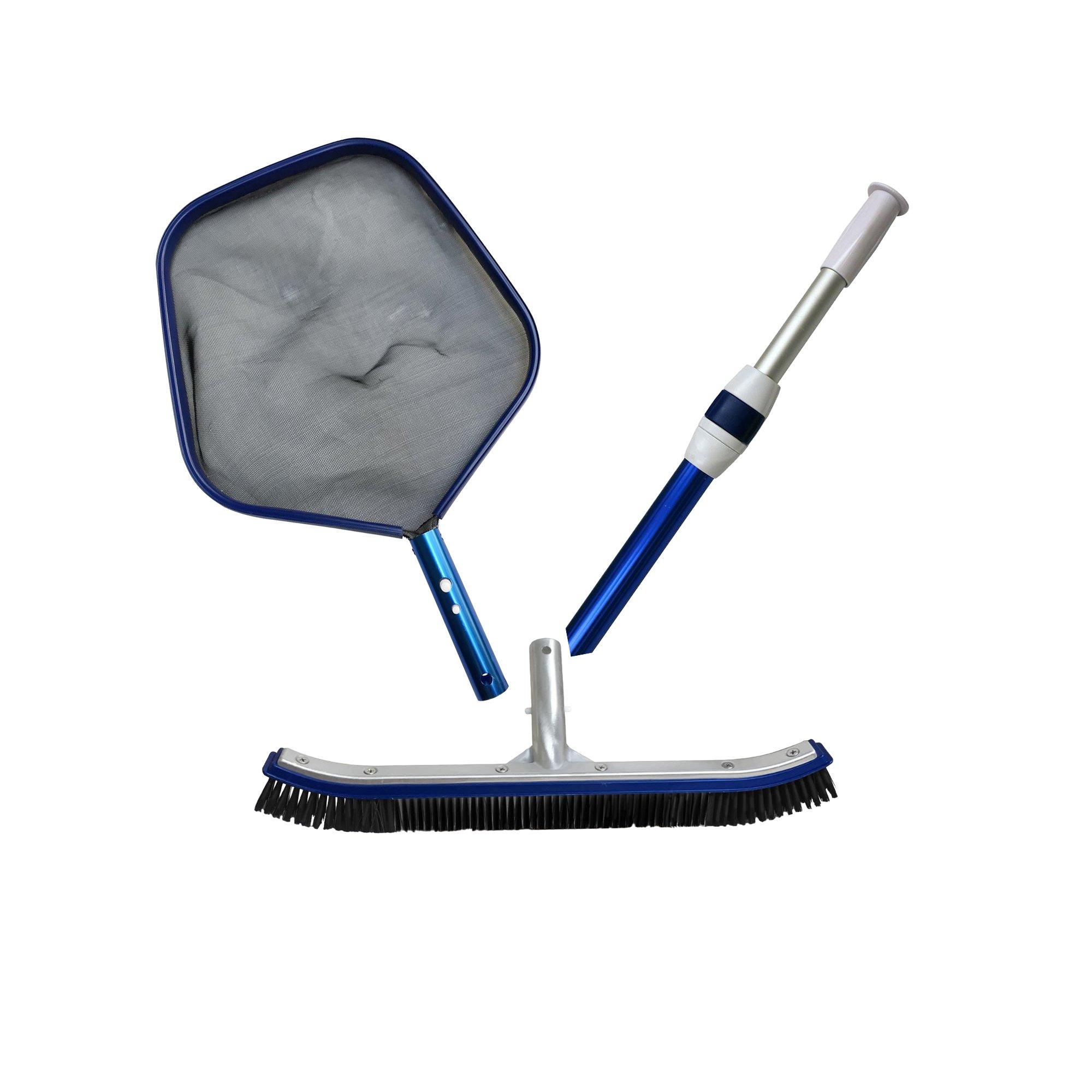 Standard Pool Cleaning Maintenance Bundle: 16 ft Telescopic Pole, Leaf Skimmer & 18" Brush