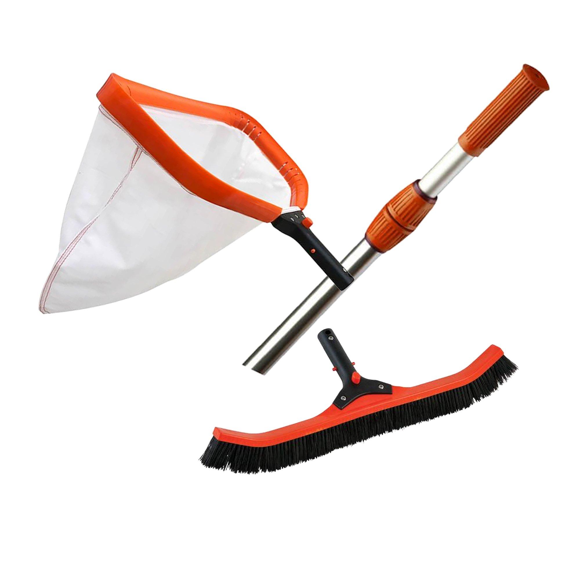 Pro Pool Cleaning  Maintenance Bundle: Dual-Cam 8'-16' Telepole, 18" Deluxe Fine Leaf Rake & 22" Nylon Scrub Brush