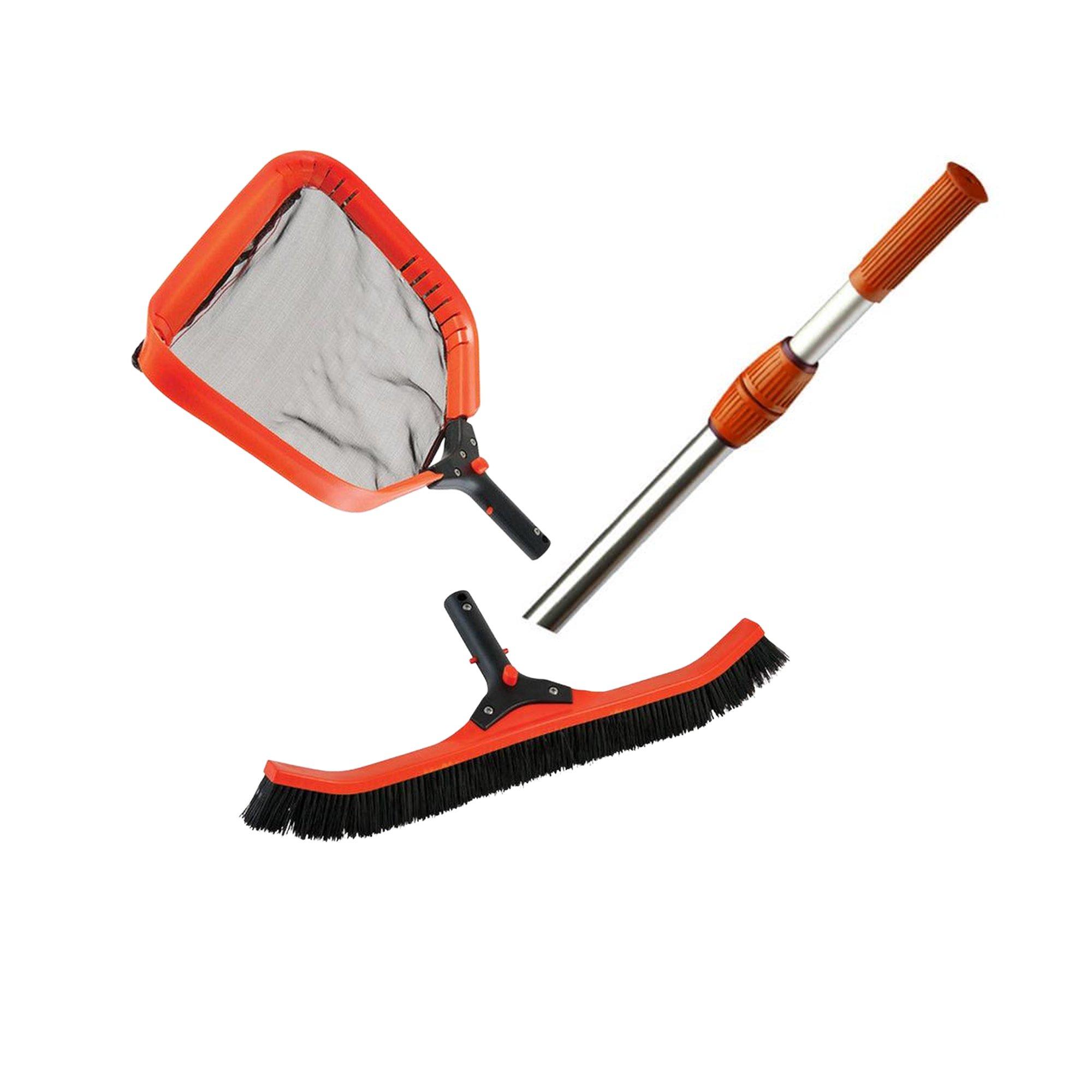 Pro Pool Cleaning Maintenance Bundle: Dual-Cam 8'-16' Telepole, 16" Deluxe Leaf Skimmer Attachment & 22" Nylon Scrub Brush