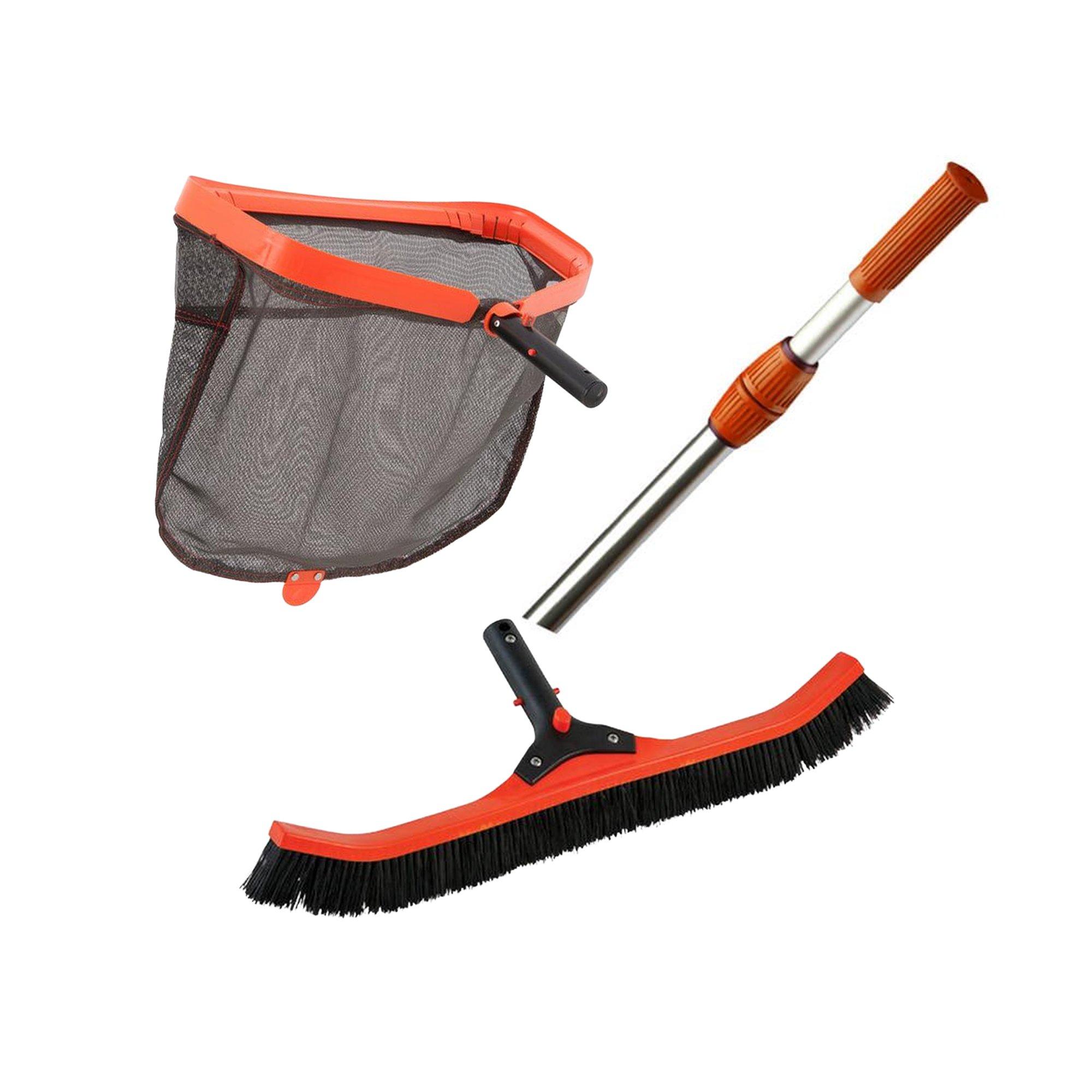 Pro Pool Cleaning Maintenance Bundle: Dual-Cam 8'-16' Telepole, 18" Deluxe Leaf Rake Attachment & 22" Nylon Scrub Brush