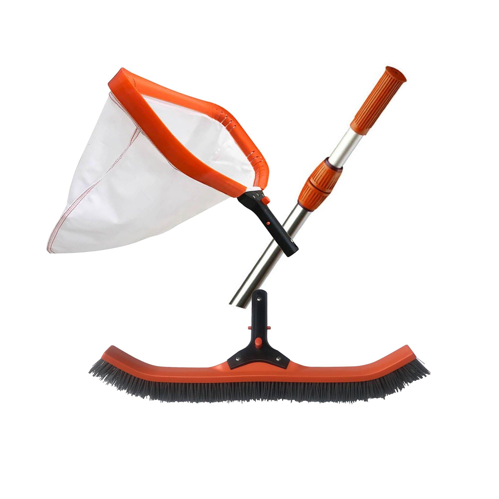 Pro Pool Cleaning Maintenance Bundle: Dual-Cam 8'-16' Telepole, 18" Deluxe Fine Leaf Rake & 22" Pro-Grade GRIT Brush
