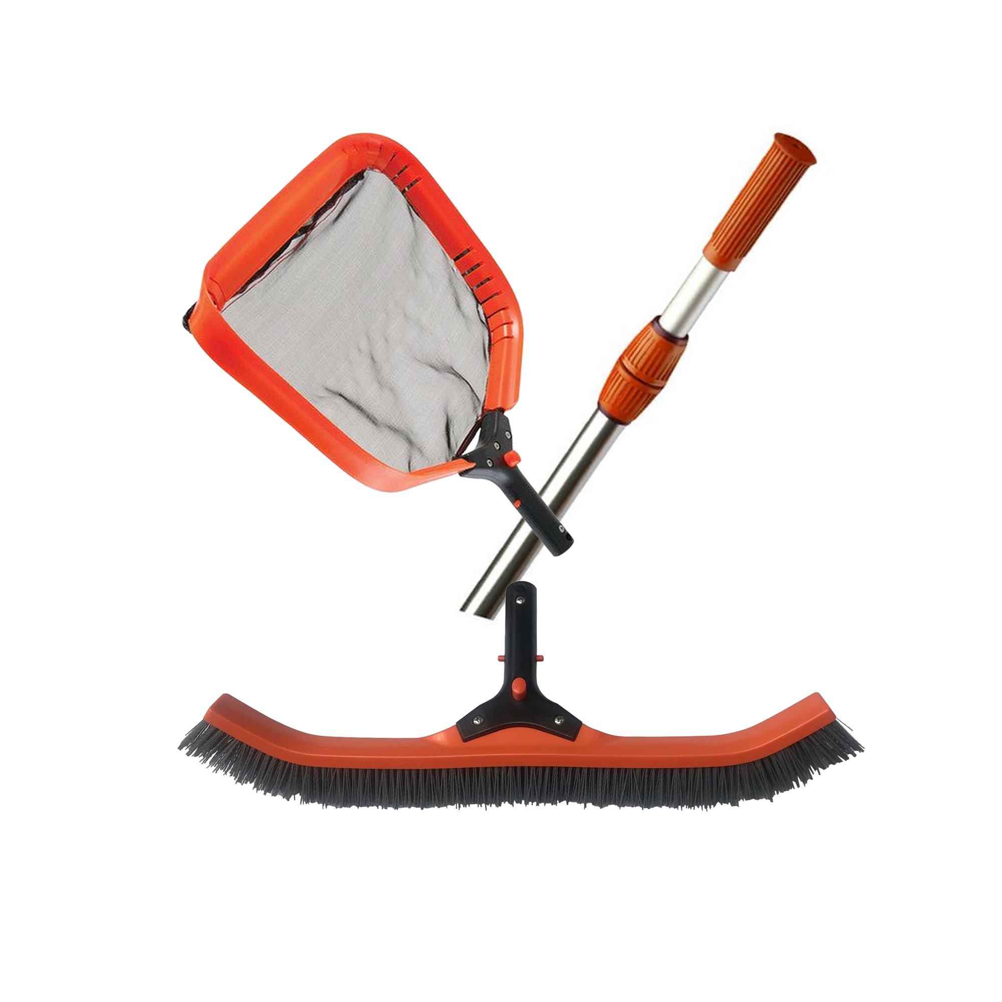 Pro Pool Cleaning Maintenance Bundle: Dual-Cam 8'-16' Telepole, 16" Deluxe Leaf Skimmer Attachment & 22" Pro-Grade GRIT Brush