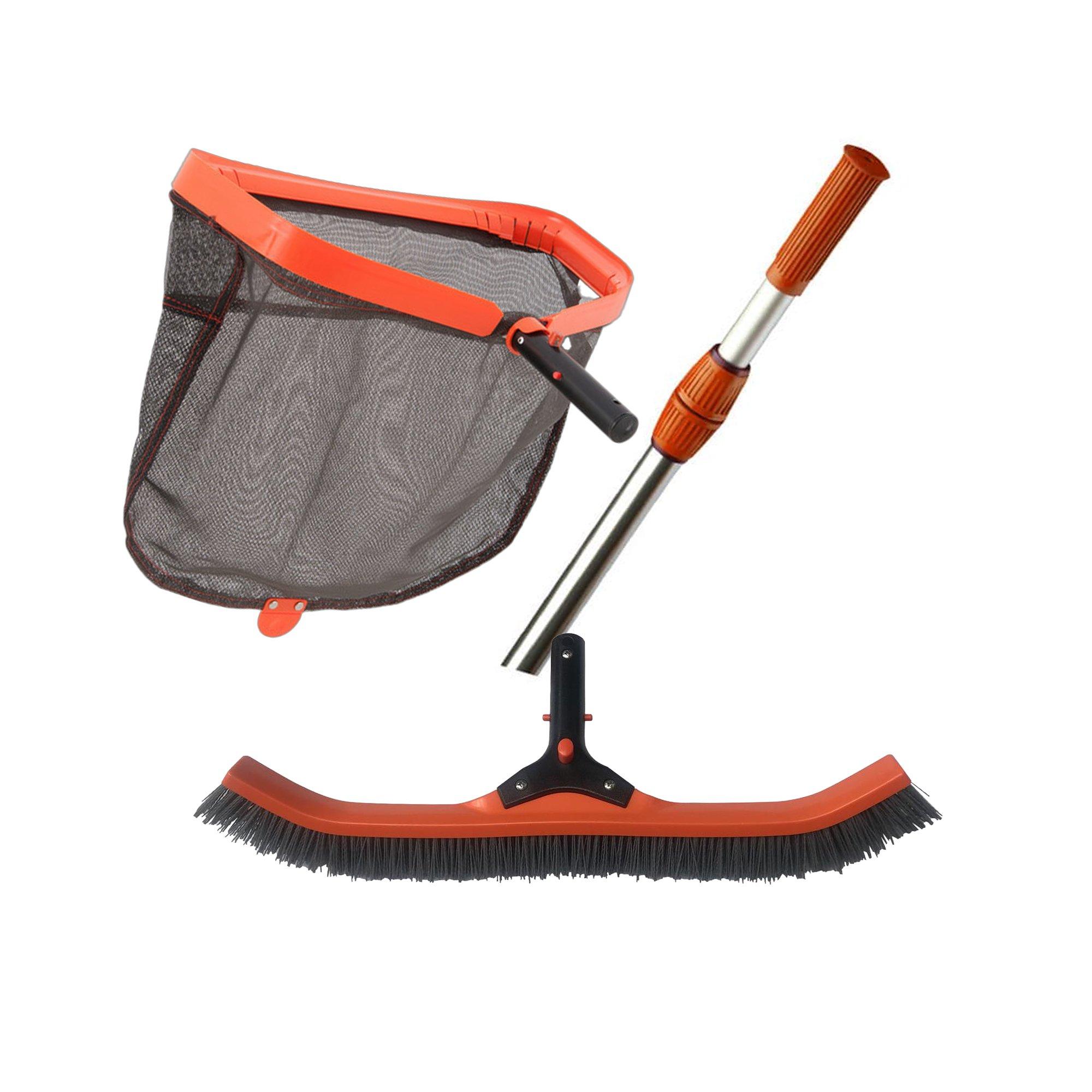 Pro Pool Cleaning Maintenance Bundle Dual-Cam 8'-16 Telepole 18 Deluxe Leaf Rake Attachment  22 Pro-Grade GRIT Brush