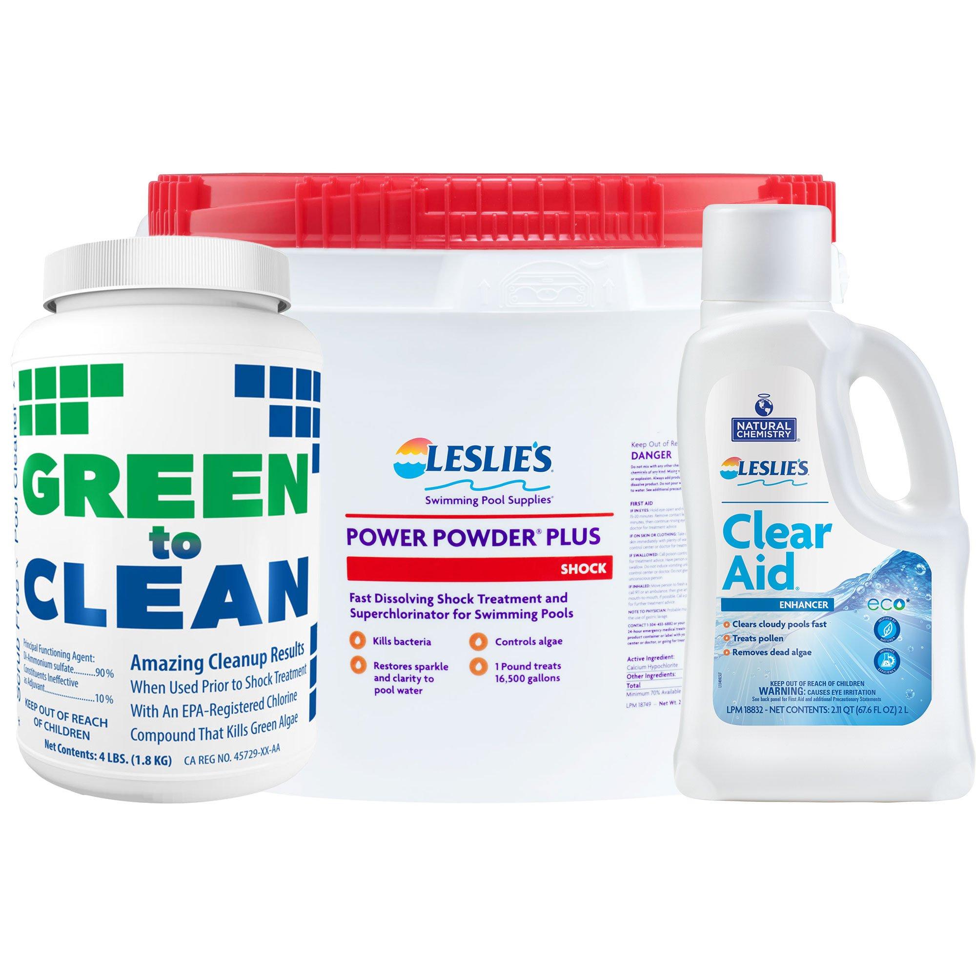Green to Clean 4 lb with Power Powder Plus Pool Shock 25 lb Bucket and Clear Aid 2L Bundle