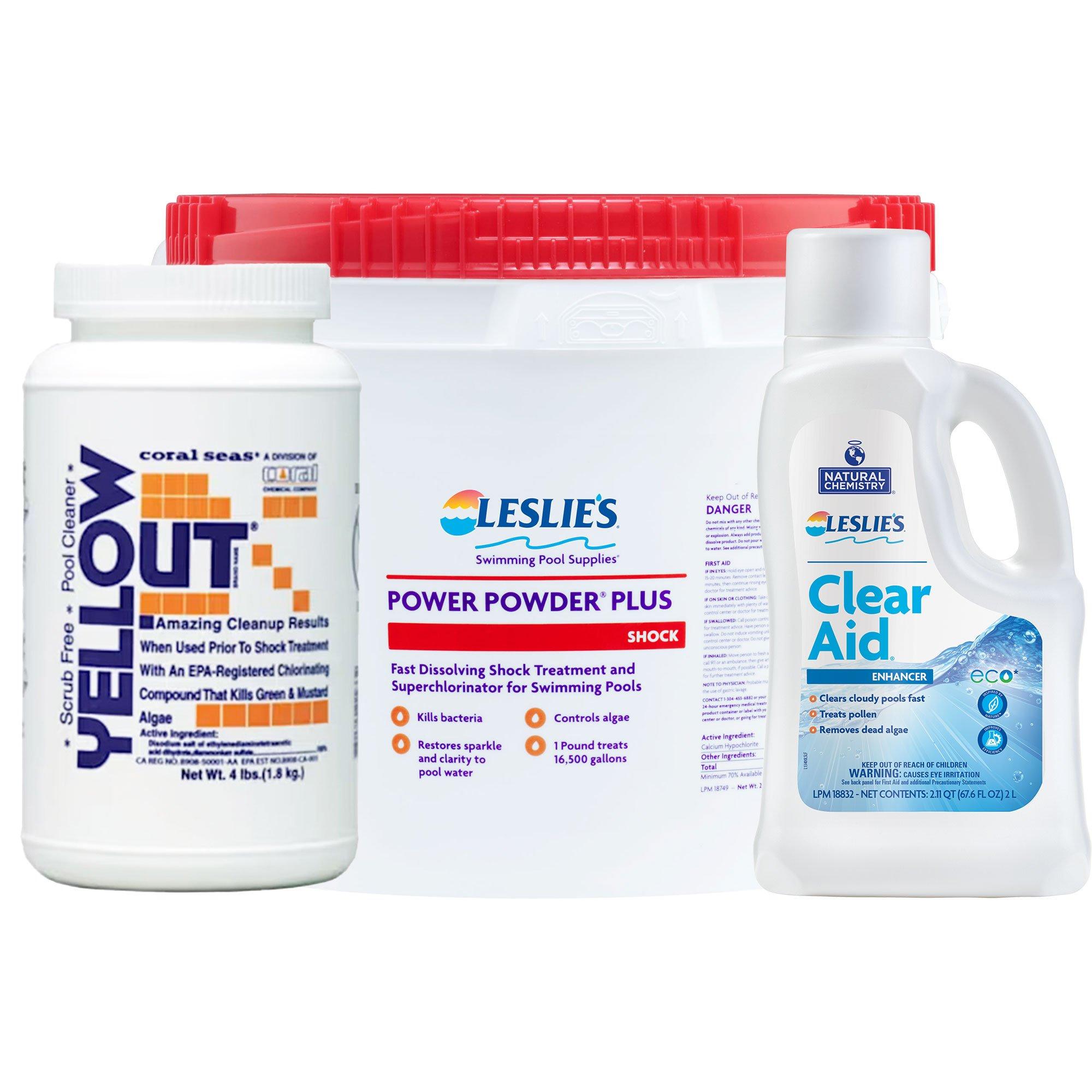 Yellow Out 4 lb with Power Powder Plus Pool Shock 25 lb. Bucket and Clear Aid 2L Bundle