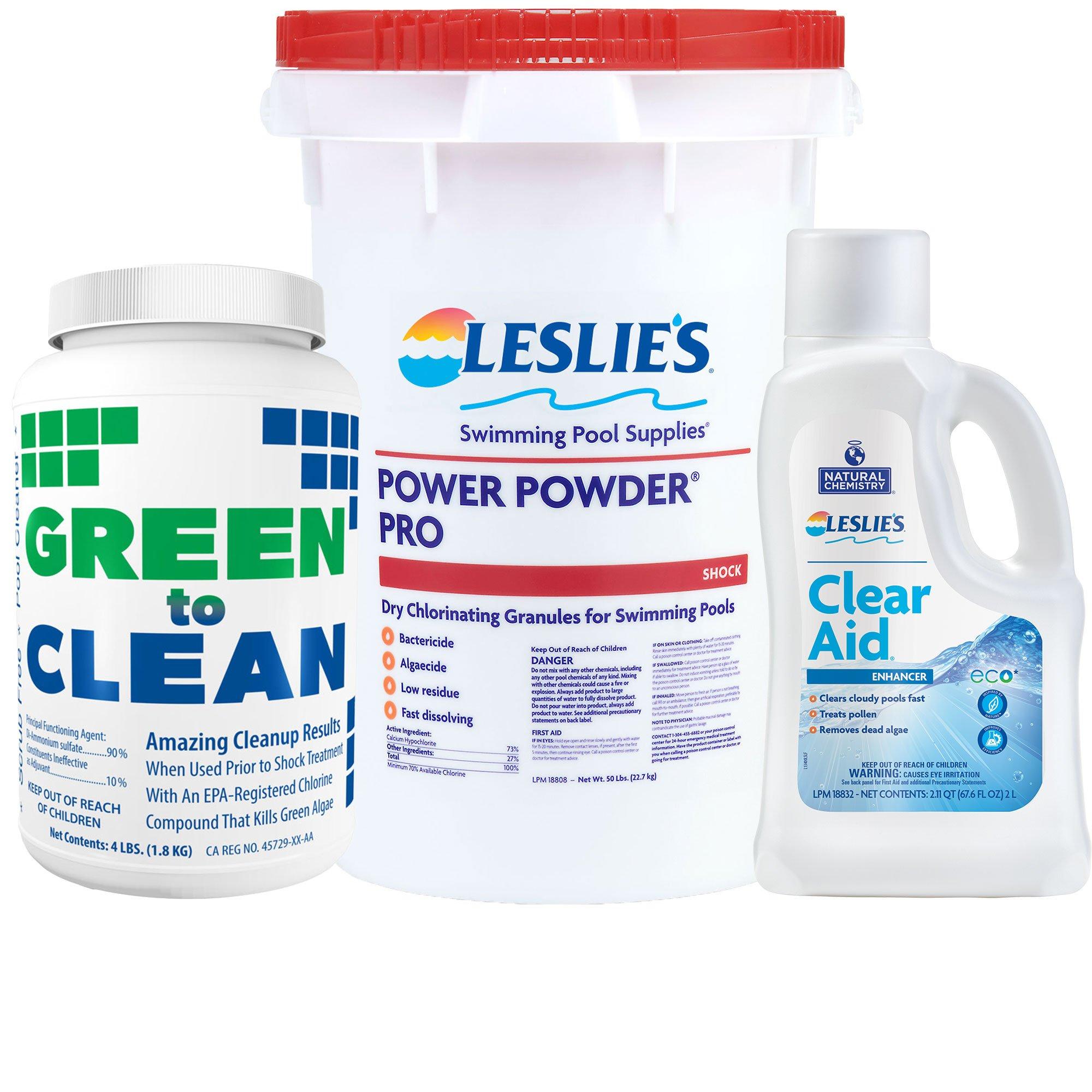 Green to Clean 4 lb with Power Powder Pro Pool Shock 50 lb Bucket and Clear Aid 2L Bundle