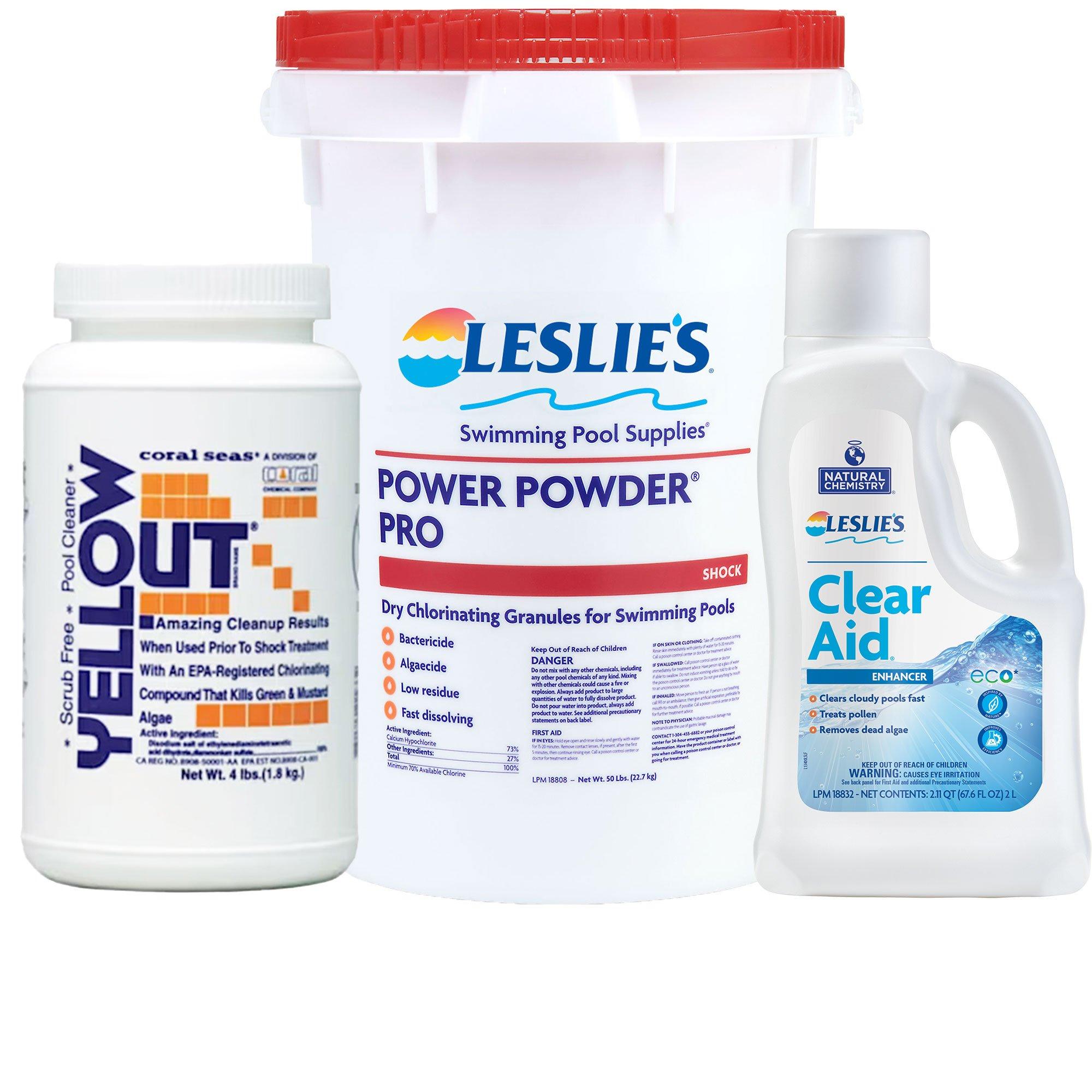 Yellow Out 4 lb with Power Powder Pro Pool Shock 50 lb. Bucket and Clear Aid 2L Bundle