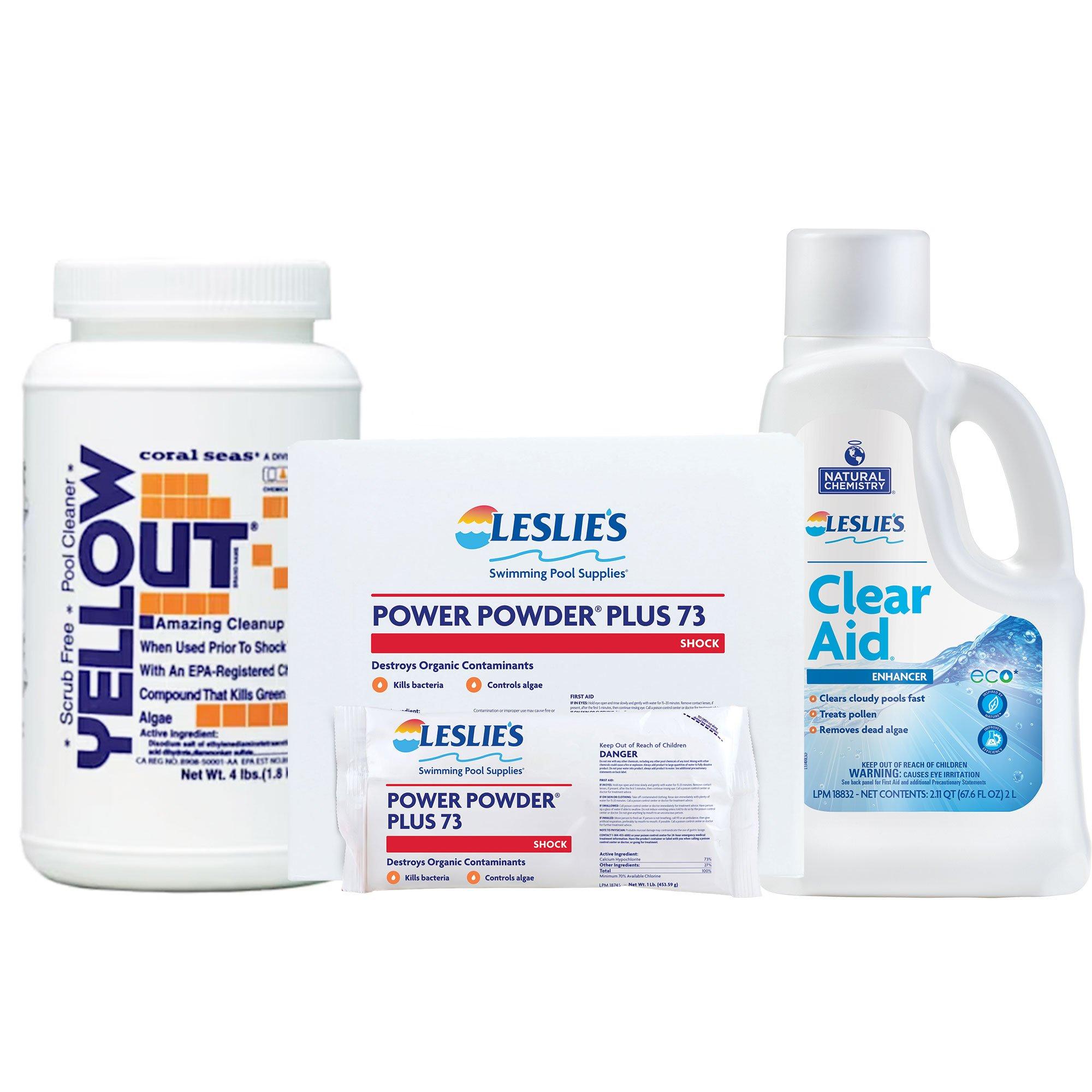 Yellow Out 4 lb with Power Powder Plus Pool Shock 12 x 1 lb Bags and Clear Aid 2L Bundle