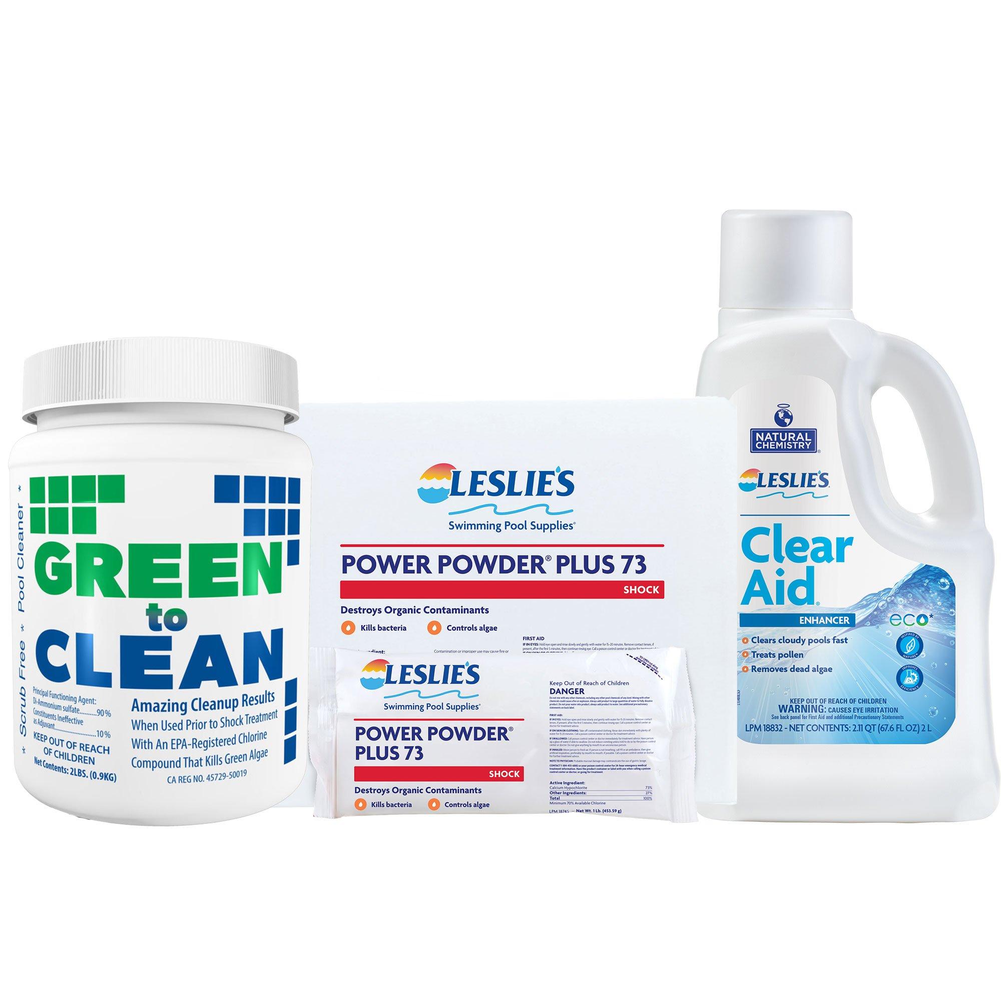 Green to Clean 2 lb with Power Powder Plus Pool Shock 12 x 1 lb Bags and Clear Aid 2L Bundle