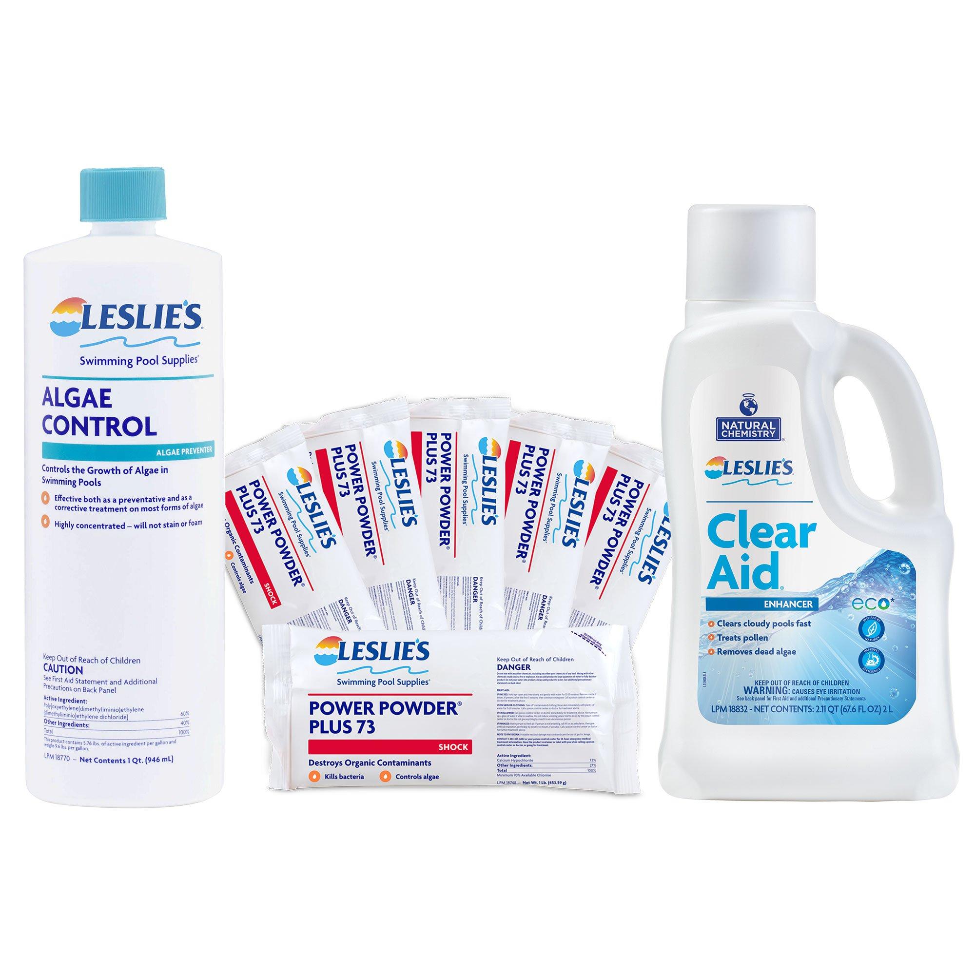 Algae Control 1 qt with Power Powder Plus Pool Shock 6 x 1 lb Bags and Clear Aid 2L Bundle
