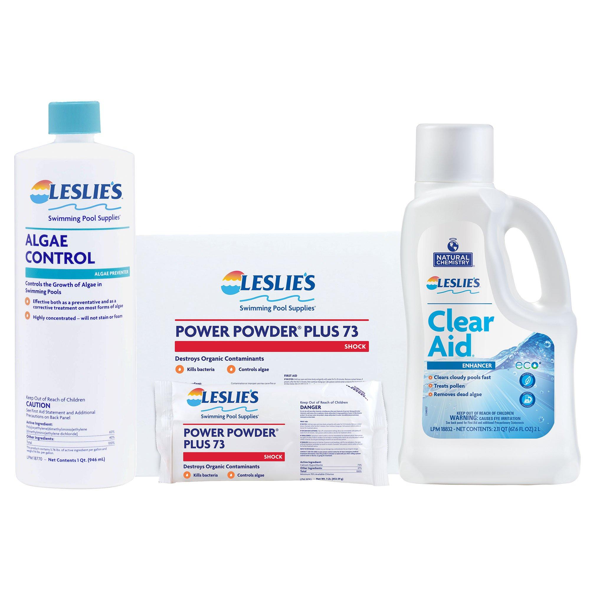 Leslie's  Algae Control 1 qt with Power Powder Plus Pool Shock 12 x 1 lb Bags and Clear Aid 2L Bundle