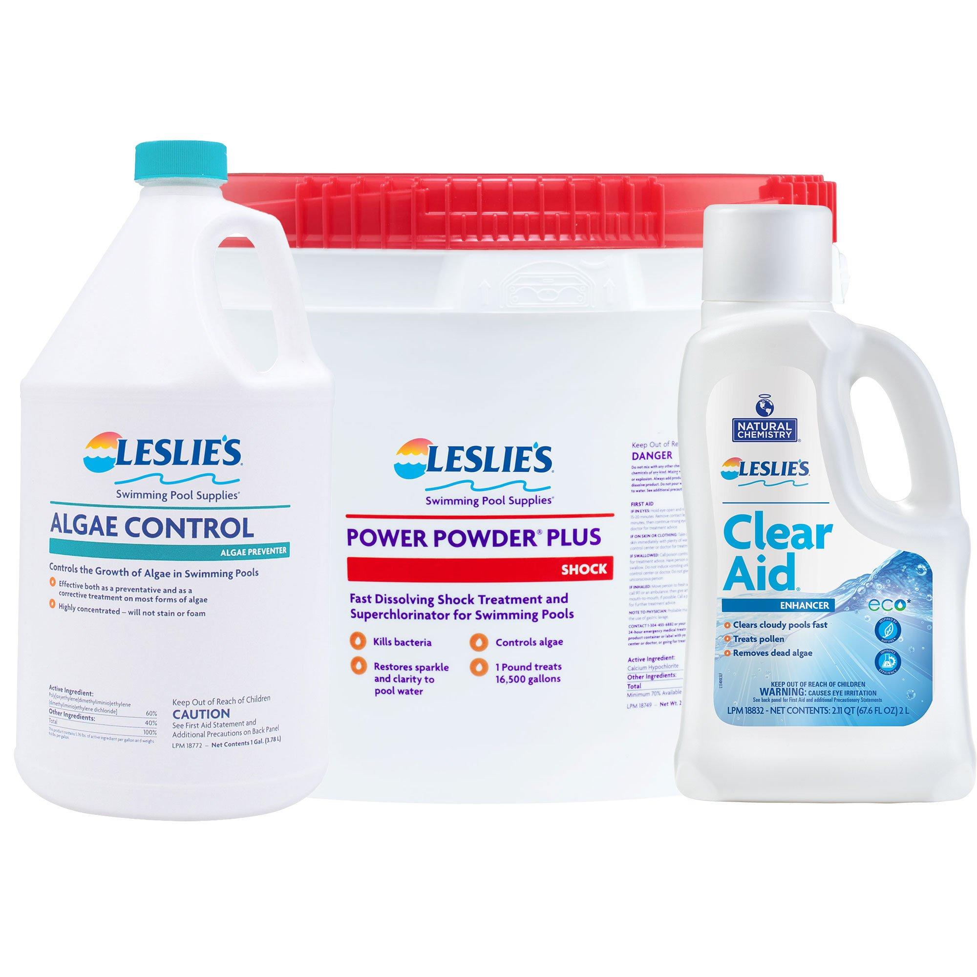 Leslie's  Algae Control 1 gal with Power Powder Plus Pool Shock 25 lb Bucket and Clear Aid 2L Bundle