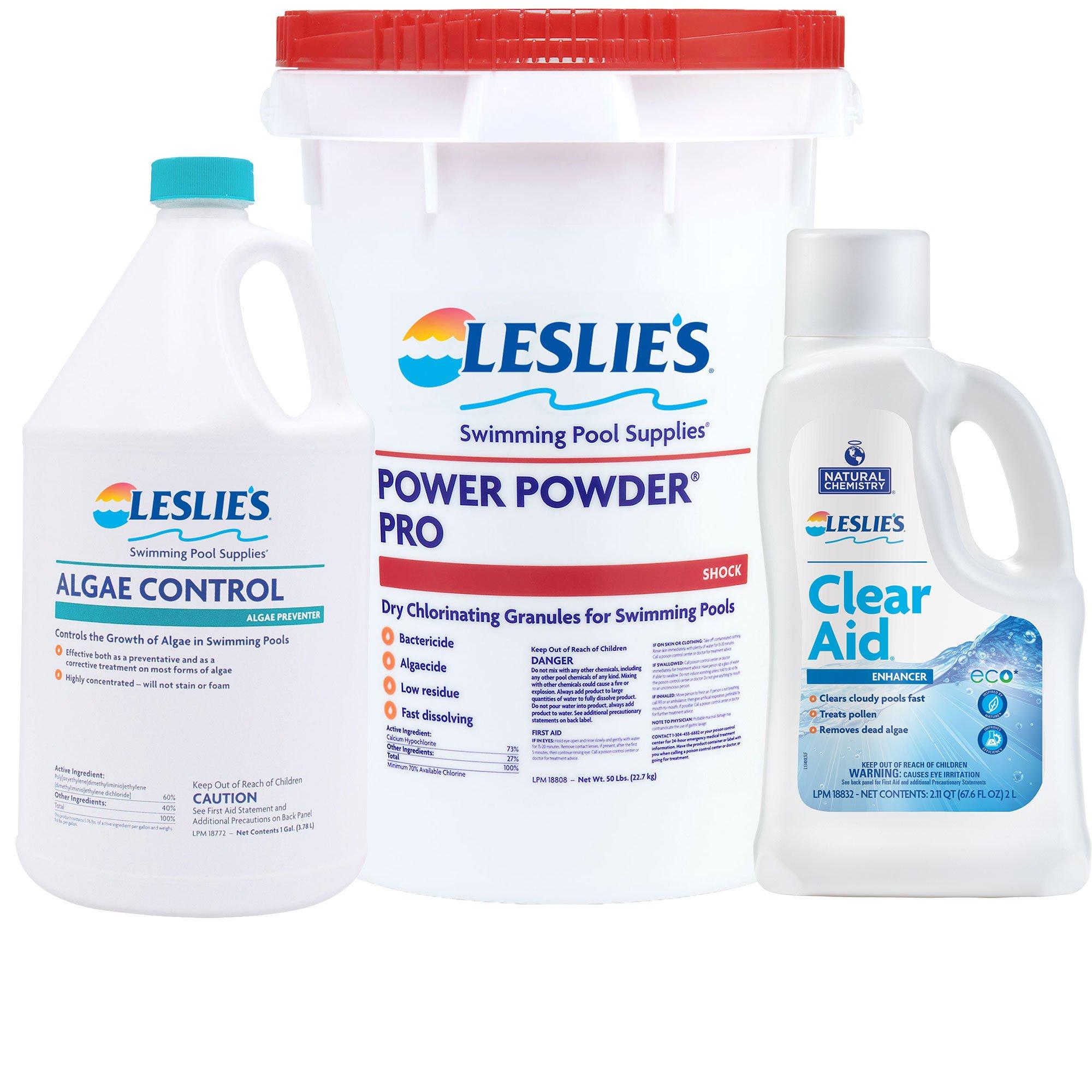 Algae Control 1 gal with Power Powder Pro Pool Shock 50 lb Bucket and Clear Aid 2L Bundle