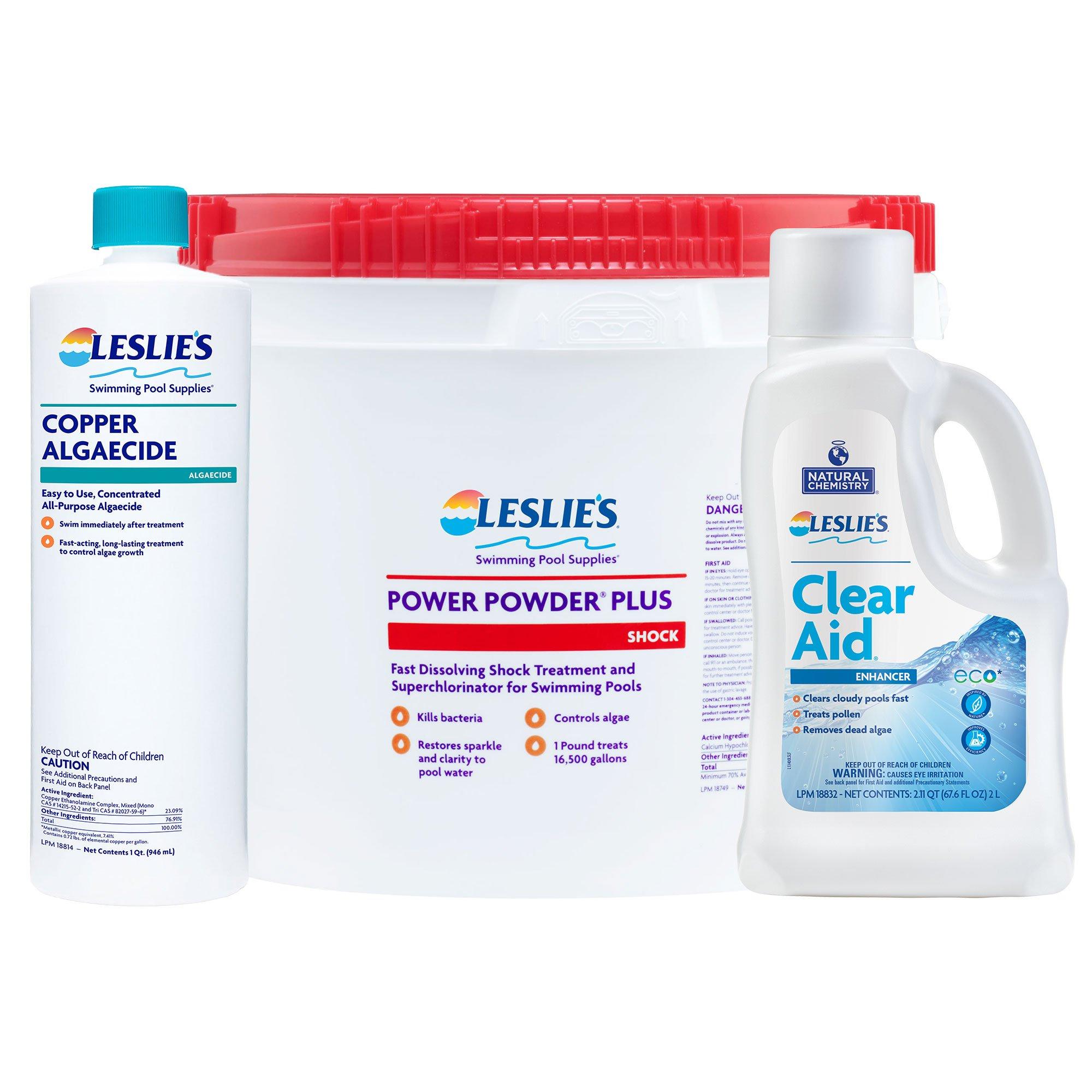 Leslie's  Copper Algaecide 1 qt with Power Powder Plus Pool Shock 25 lb Bucket and Clear Aid 2L Bundle