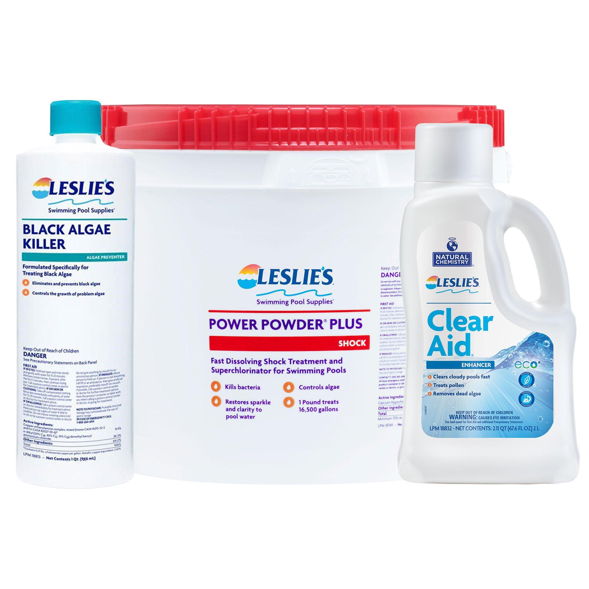Leslie's  Black Algae Killer 1 qt with Power Powder Plus Pool Shock 25 Lb Bucket and Clear Aid 2L Bundle
