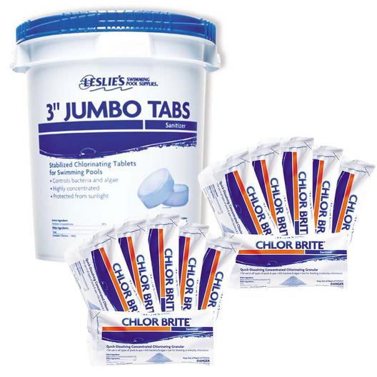 Leslie's  3 inch Jumbo Chlorine Tabs 35 lbs Bucket  Chlor Brite Pool Shock 12 x 1 lb Bags Bundle