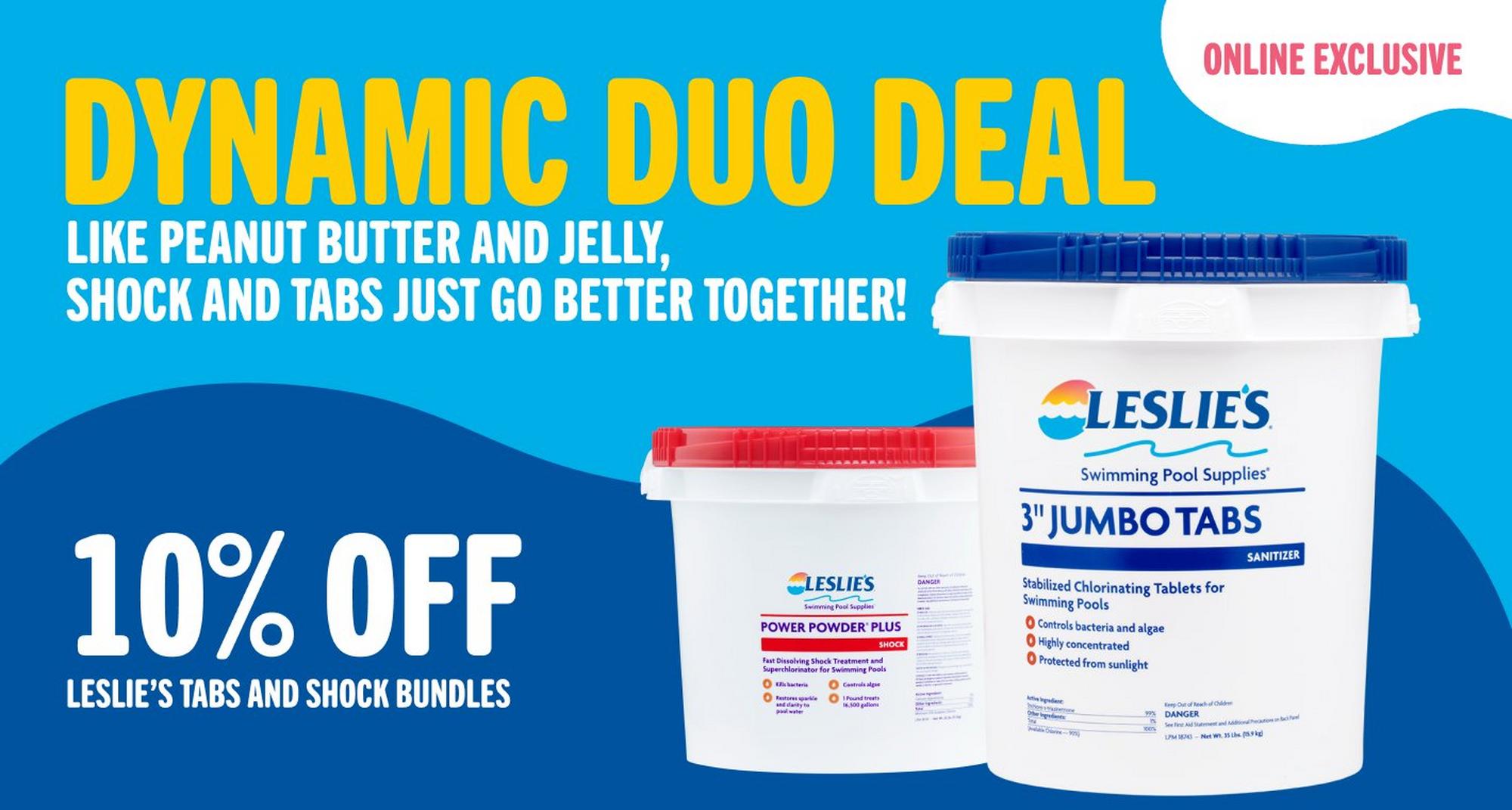 An advertisement for saving ten percent on Leslies tab and shock bundles