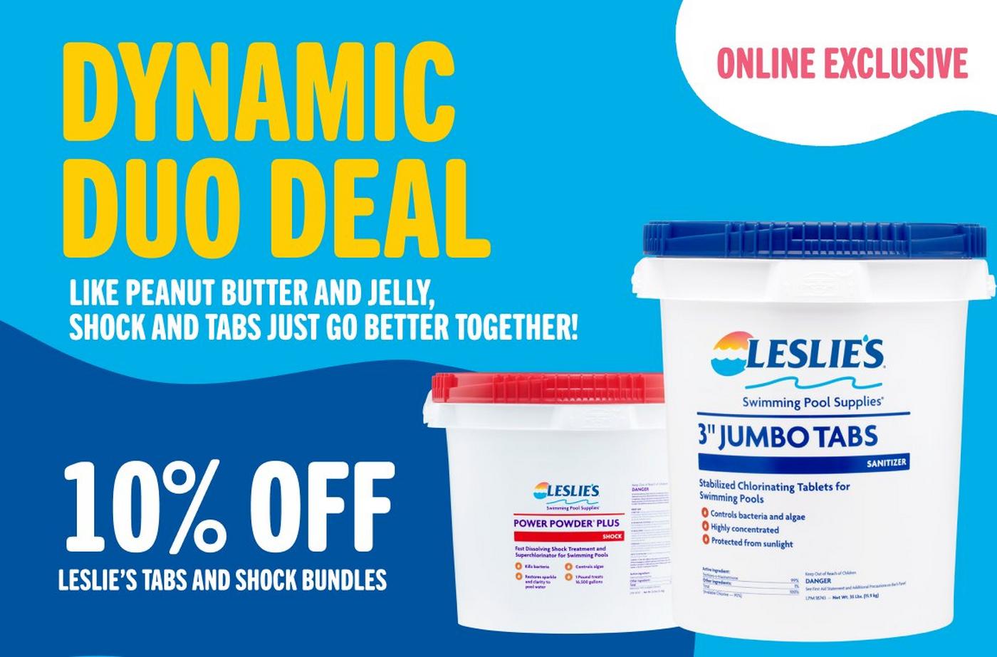 An advertisement for saving ten percent on Leslies tab and shock bundles