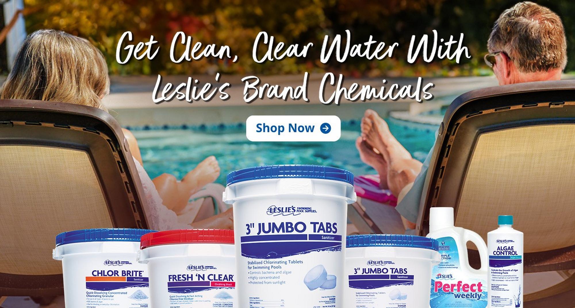 An image advertising Leslie's branded pool chemicals.